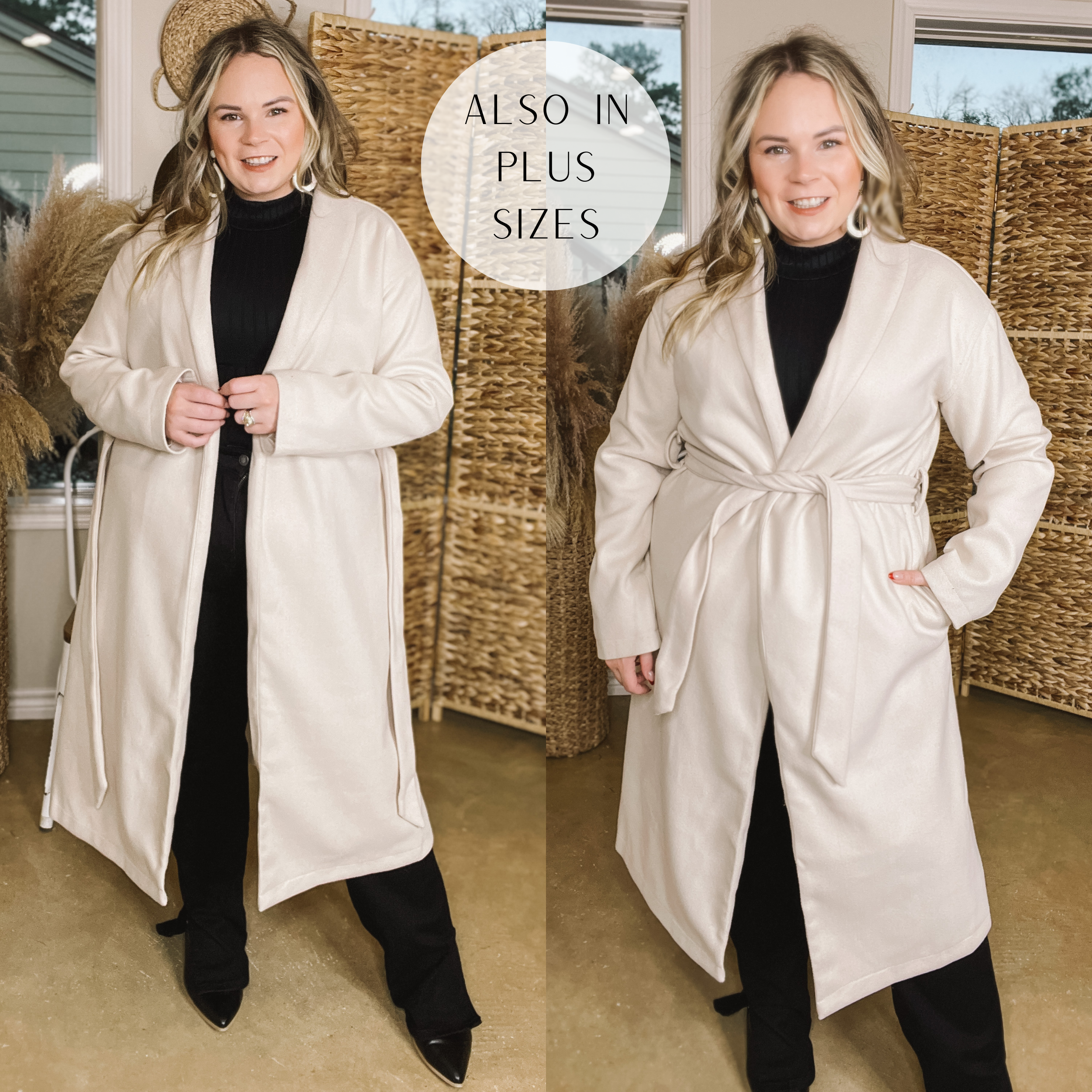 Hollywood Holiday Open Front Long Coat with Waist Tie in Beige - Giddy Up Glamour Boutique