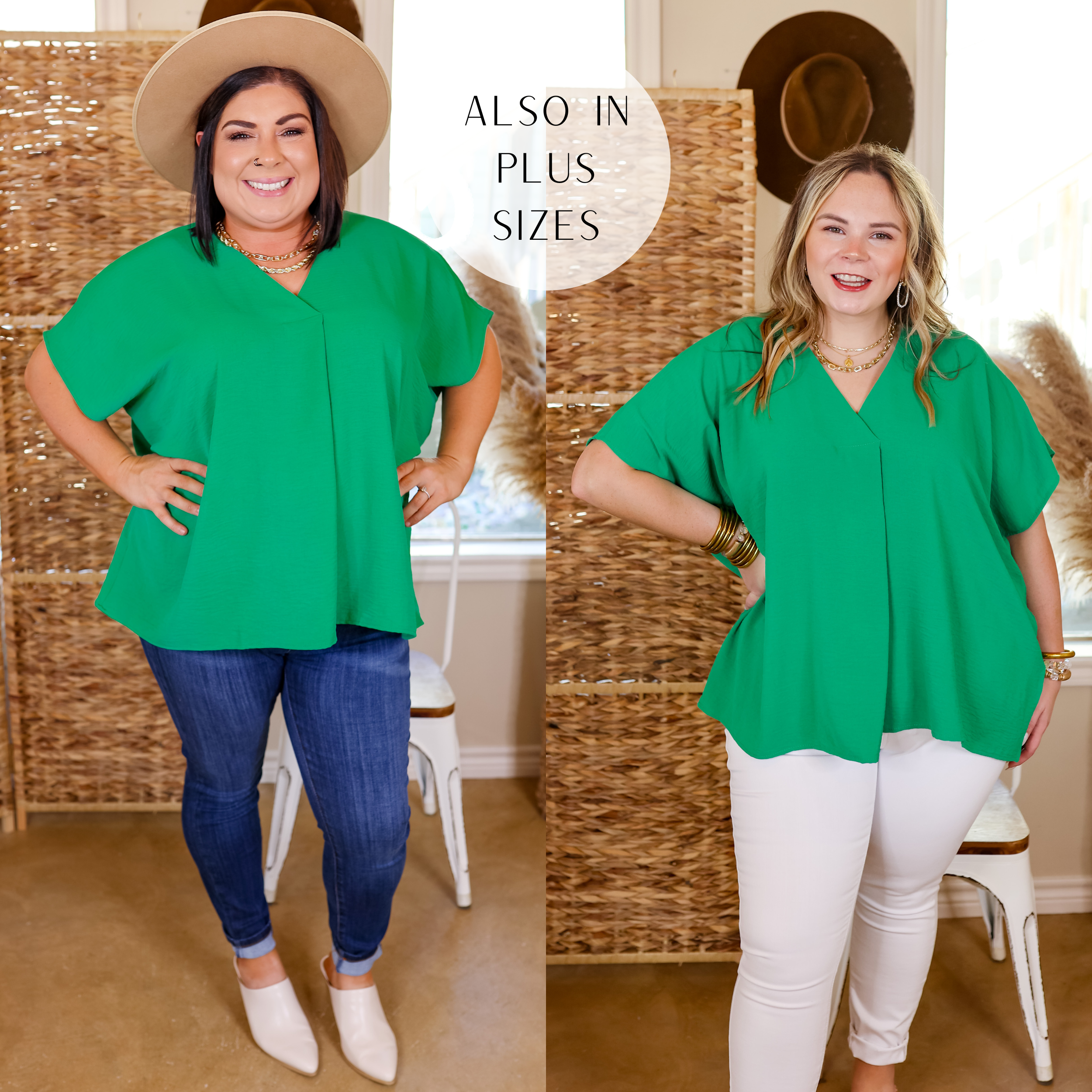 Model is wearing a short sleeve v neck top in green. Model one has this top paired with blue jeans, white booties, gold jewelry, and a brown hat.  Model two has this top paired with white jeans and gold jewelry. 