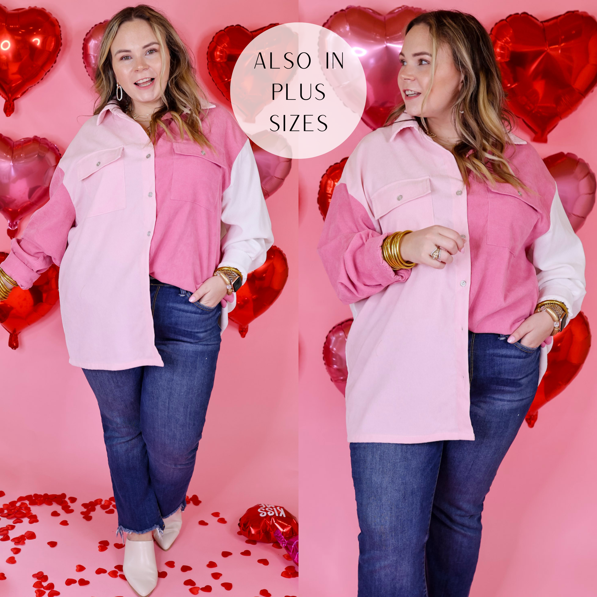 Model has a color block, button down shacket in a pink mix. Model has this shacket paired with jeans, white mules, and gold jewelry. Background is a light pink, with red heart balloons. 