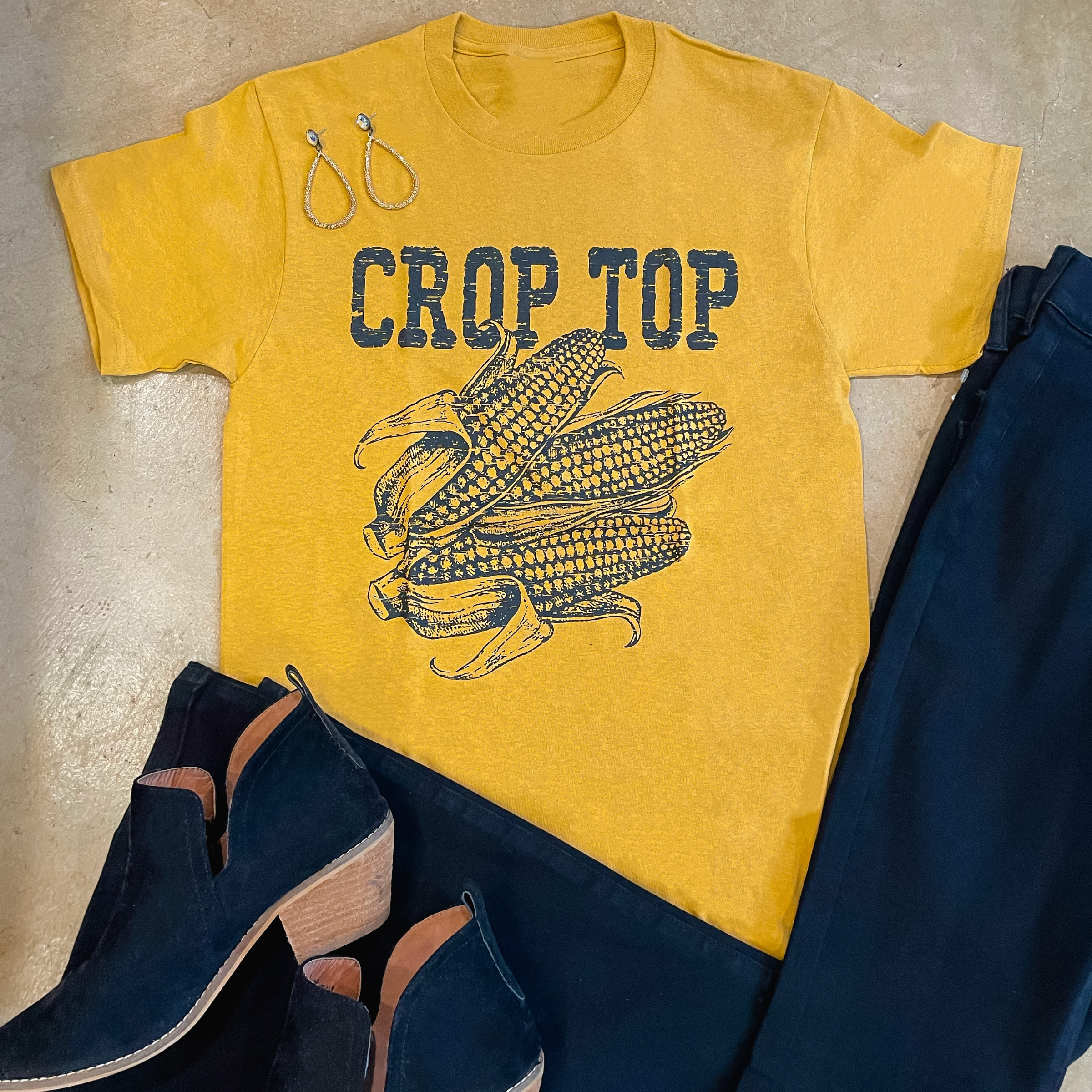 Crop Top Corn Short Sleeve Graphic Tee in Mustard - Giddy Up Glamour Boutique