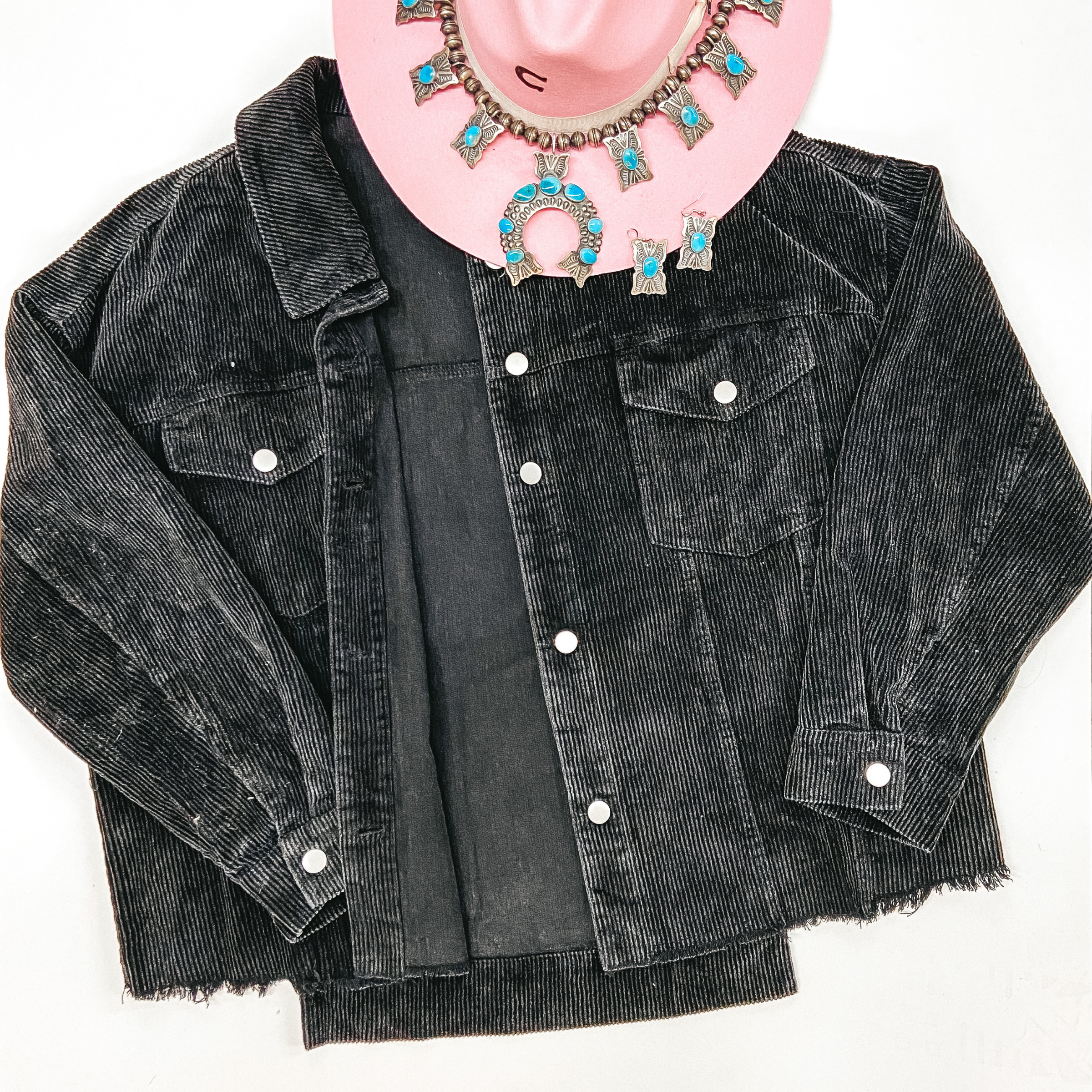 Edgy and Chic Button Up Corduroy Jacket with Raw Hem in Black - Giddy Up Glamour Boutique