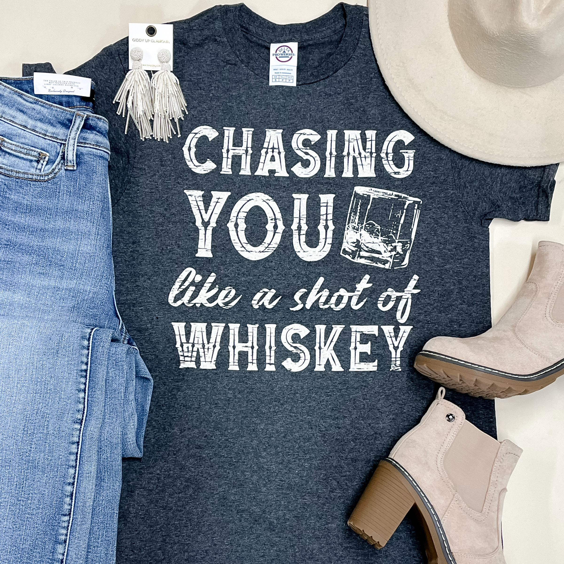 Chasin' You Like A Shot Of Whiskey Short Sleeve Graphic Tee in Grey - Giddy Up Glamour Boutique