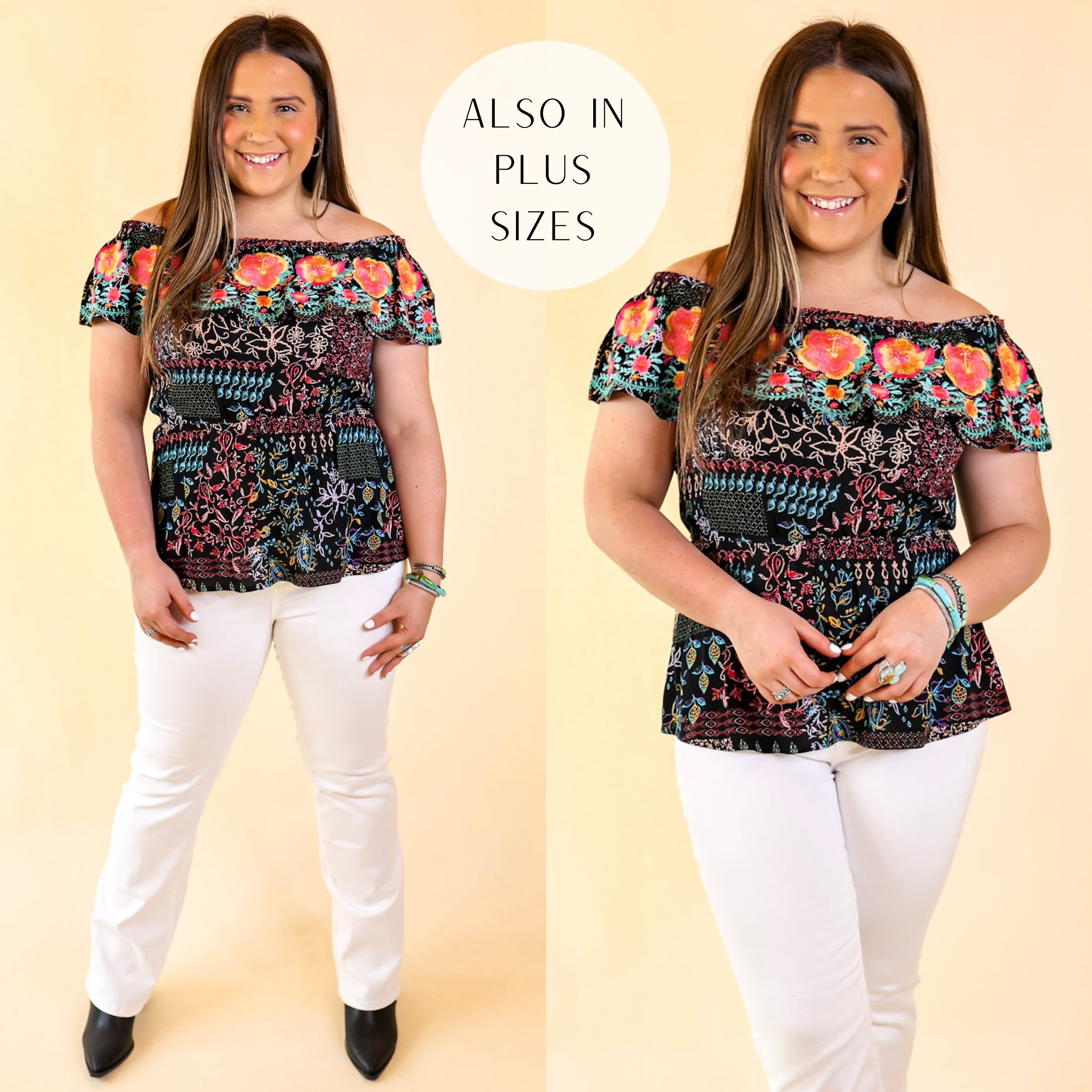 SanFran Sunshine Floral Embroidered Off the Shoulder Top with Peplum Waist in Black - Giddy Up Glamour Boutique