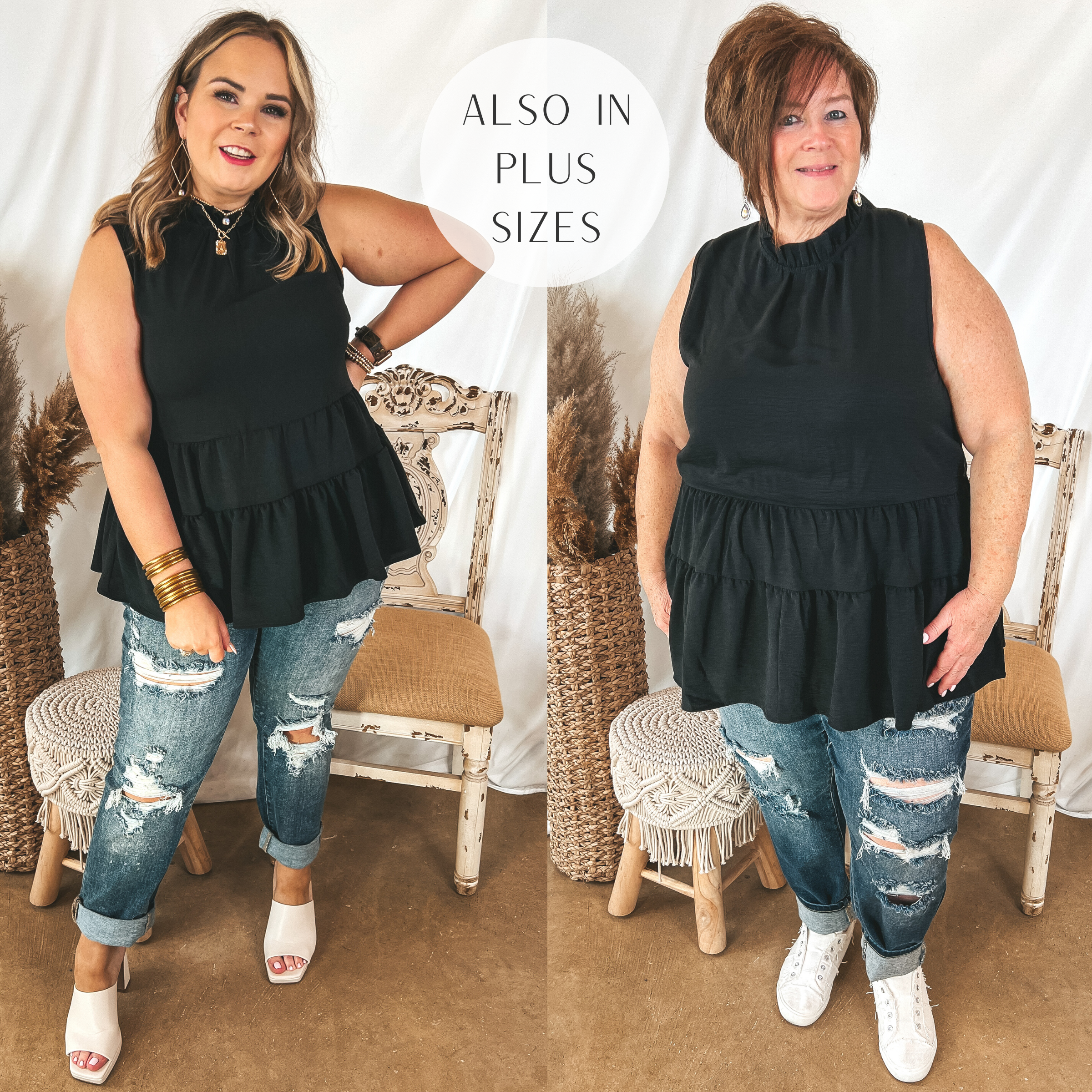 Models are wearing a black high neck tank top with a ruffle tiered body. Size large model has it paired with distressed jeans, white heels, and gold jewelry. Plus size model has it paired with distressed jeans, white sneakers, and silver jewelry.