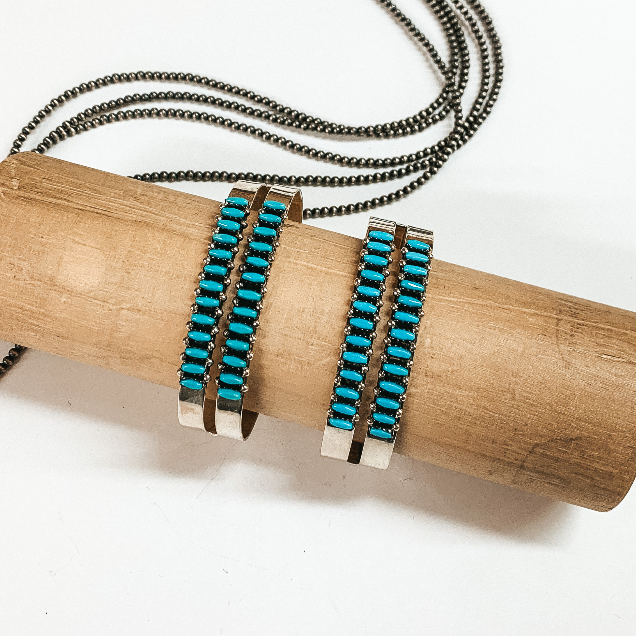 V Martz | Zuni Handmade Sterling Silver Double Cuff with Turquoise Stones - Giddy Up Glamour Boutique