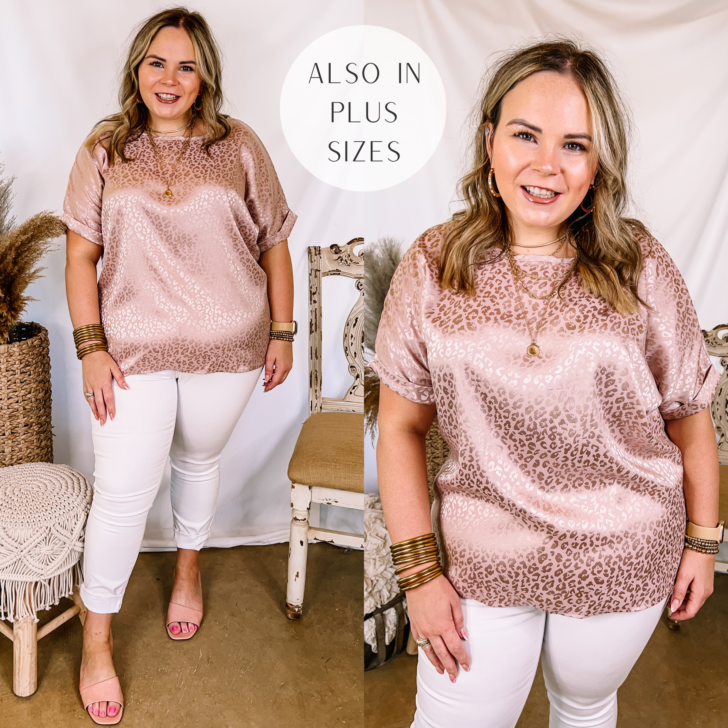 Model is wearing a mauve pink leopard print top that is a shiny satin material. Model has this top paired with white jeans, pink block heels, and gold jewelry.