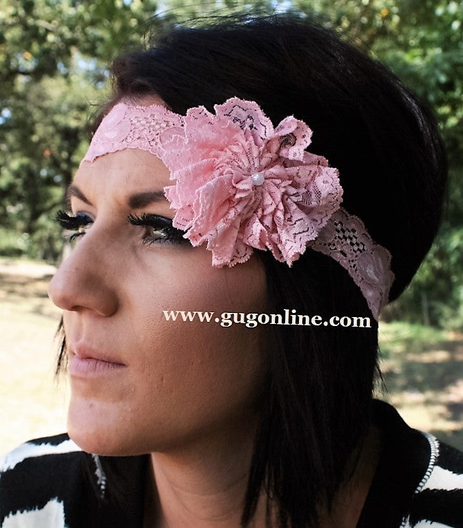 Light Pink Lace Headband with Light Pink Lace Flower - Giddy Up Glamour Boutique