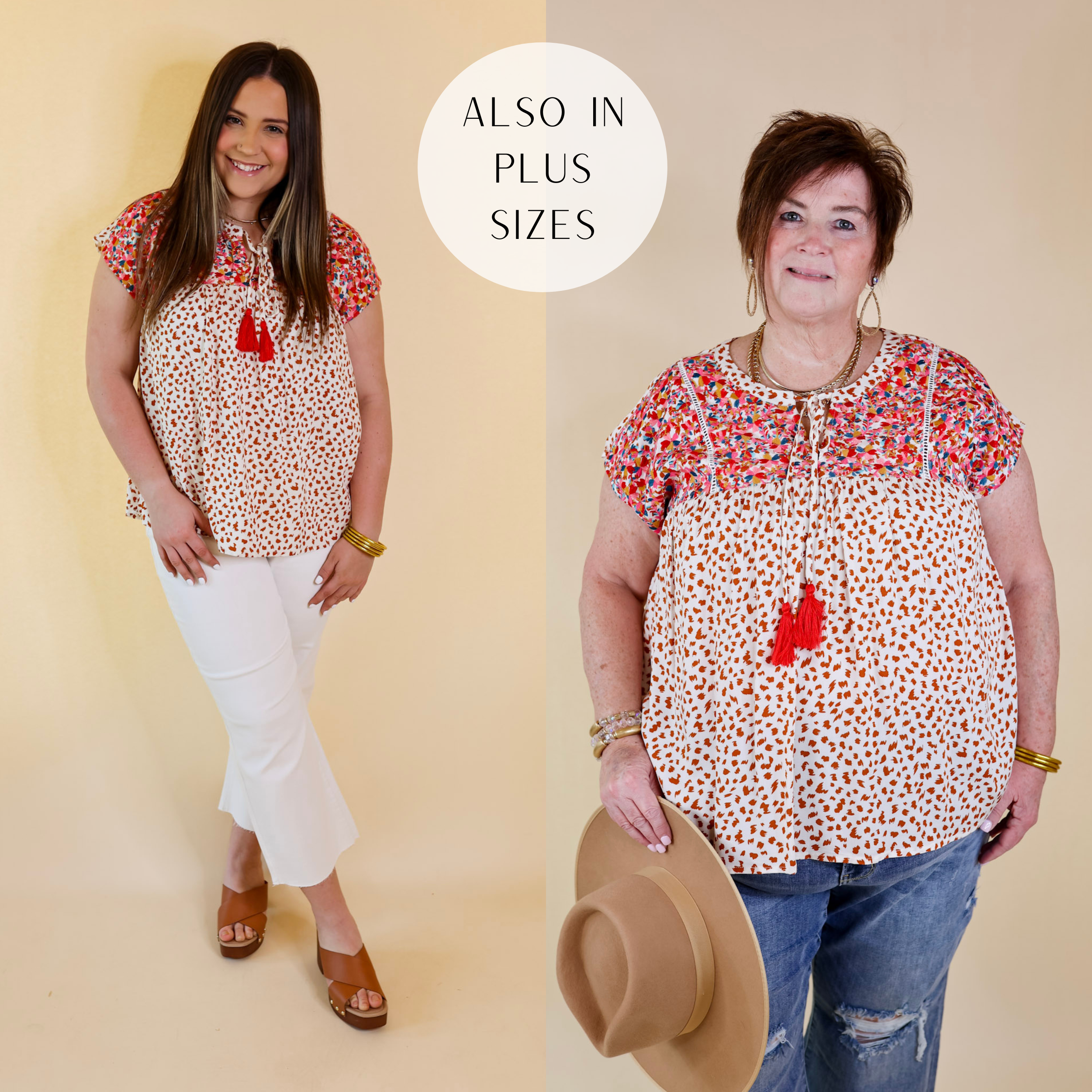 Fredericksburg In the Spring Embroidered Dotted Print Top with Front Keyhole in Ivory - Giddy Up Glamour Boutique