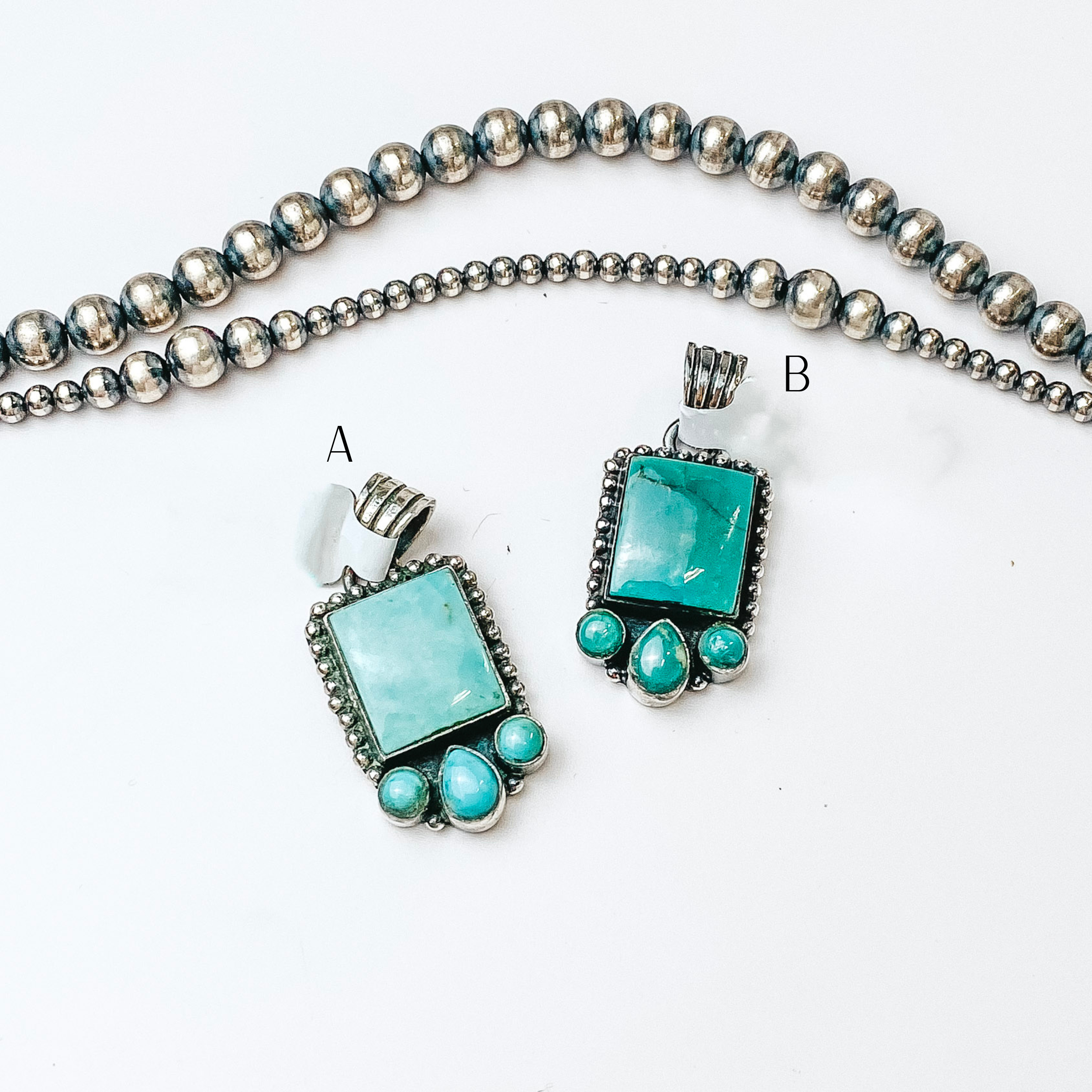 HaDa Collections | Sterling Silver and Green Kingman Turquoise Square Stone Pendant with Three Accent Stones - Giddy Up Glamour Boutique