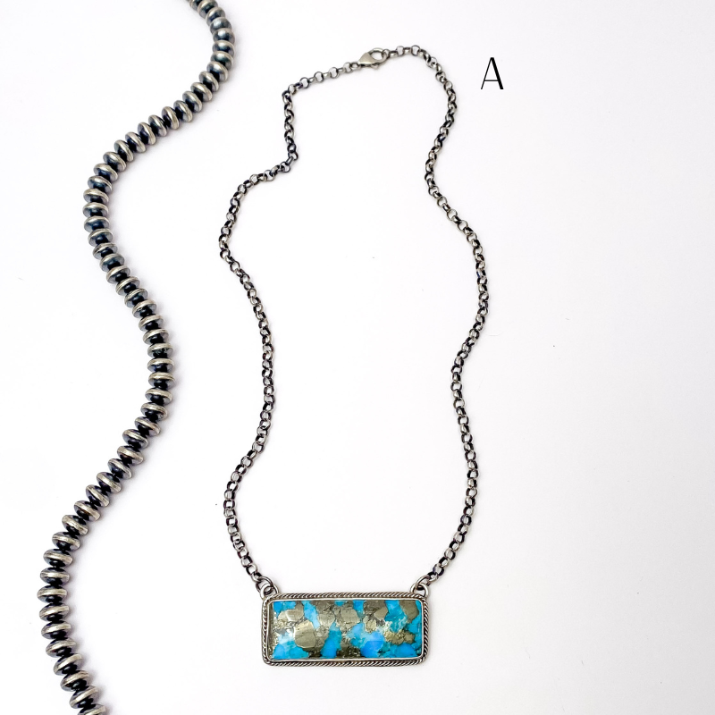 P Yazzie | Navajo Handmade Sterling Silver Chain Necklace with Kingman Turquoise Bar - Giddy Up Glamour Boutique