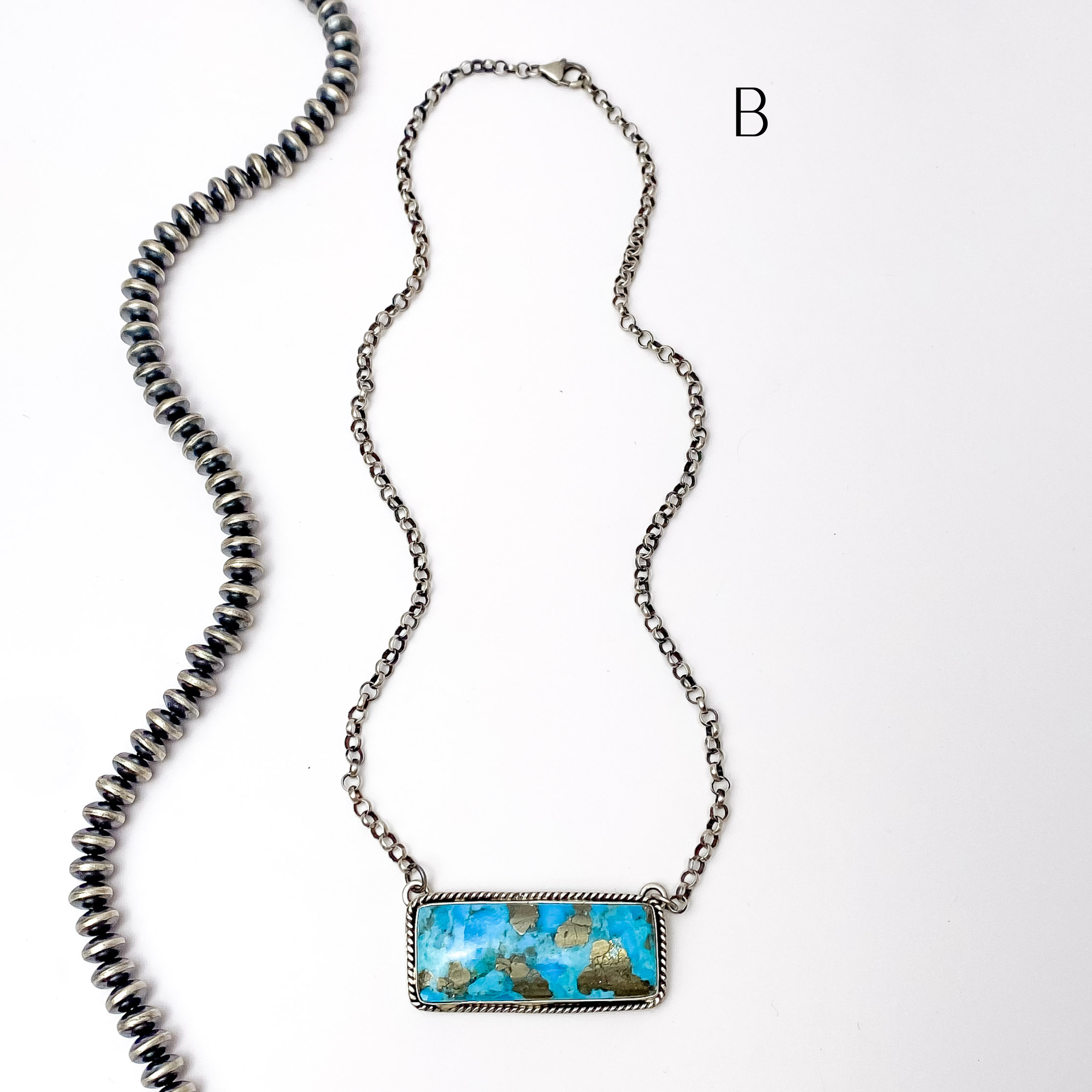 P Yazzie | Navajo Handmade Sterling Silver Chain Necklace with Kingman Turquoise Bar - Giddy Up Glamour Boutique