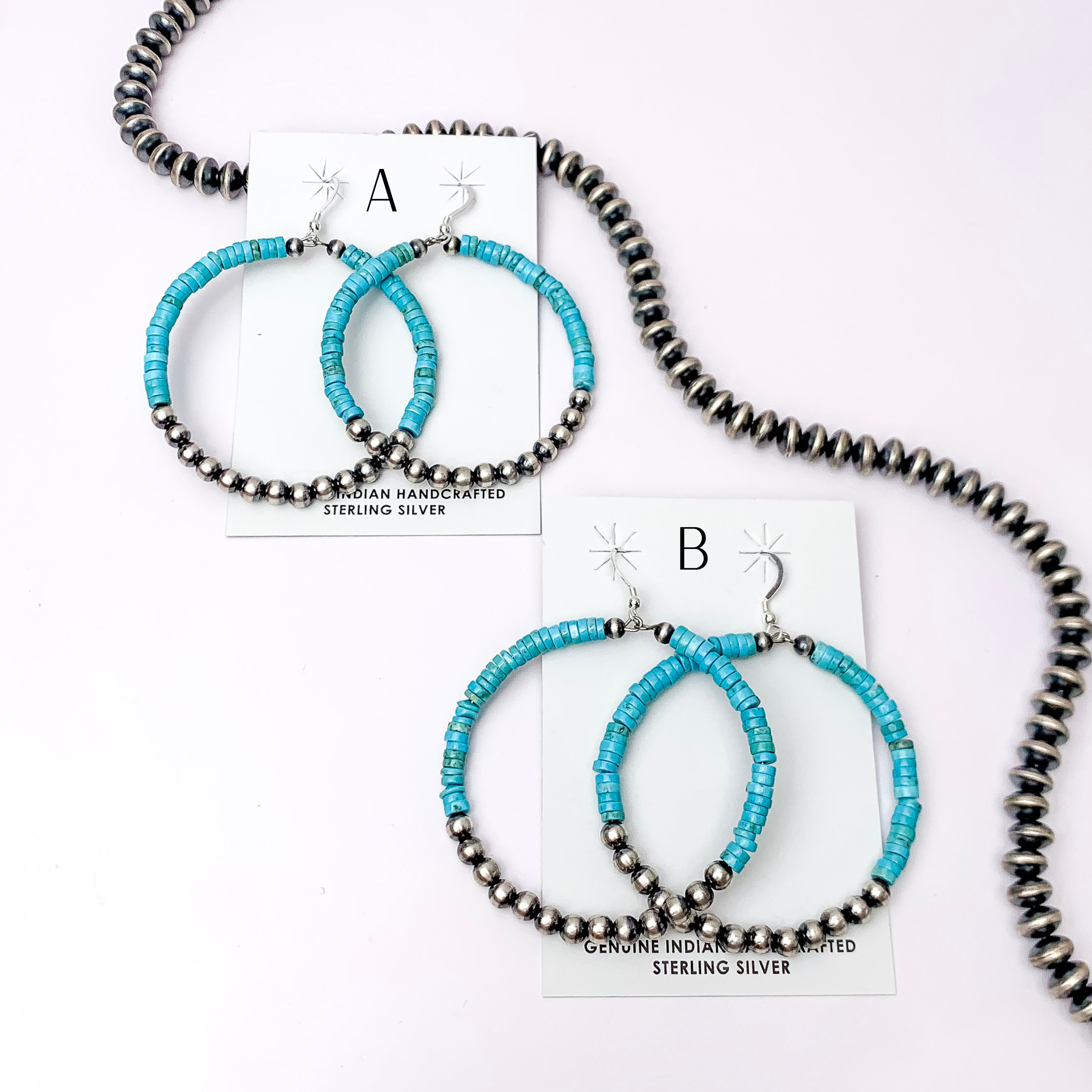 Navajo | Navajo Handmade Sterling Silver Navajo Pearl Hoop Earrings with Turquoise Stones - Giddy Up Glamour Boutique