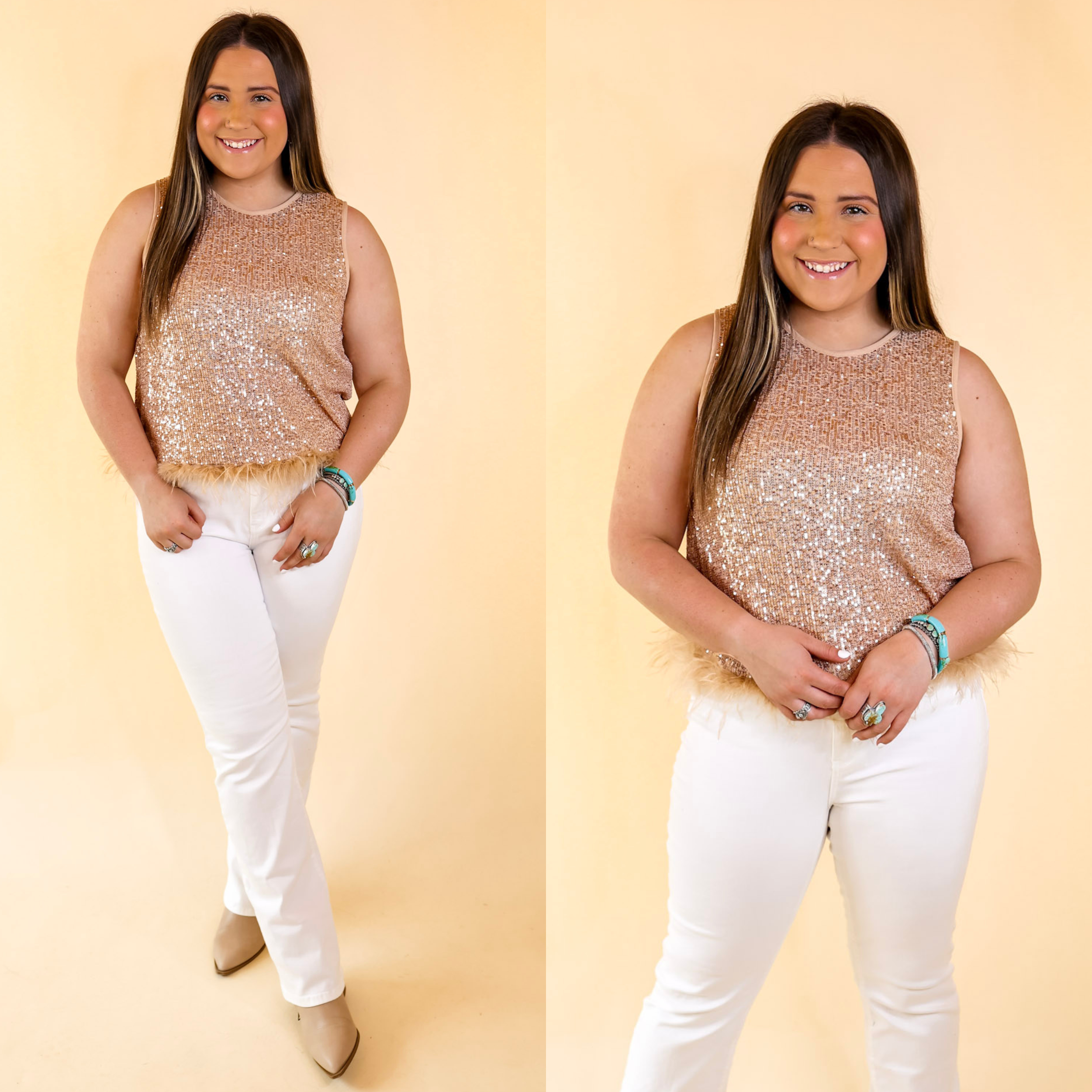 Causing Compliments Sequin Tank Top with Feather Trim in Champagne - Giddy Up Glamour Boutique