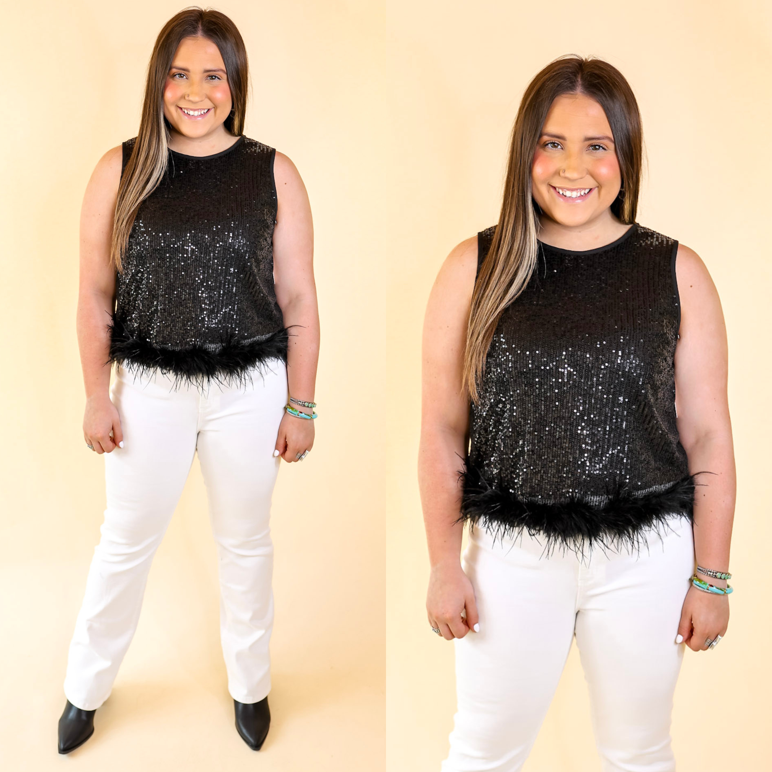 Causing Compliments Sequin Tank Top with Feather Trim in Black - Giddy Up Glamour Boutique