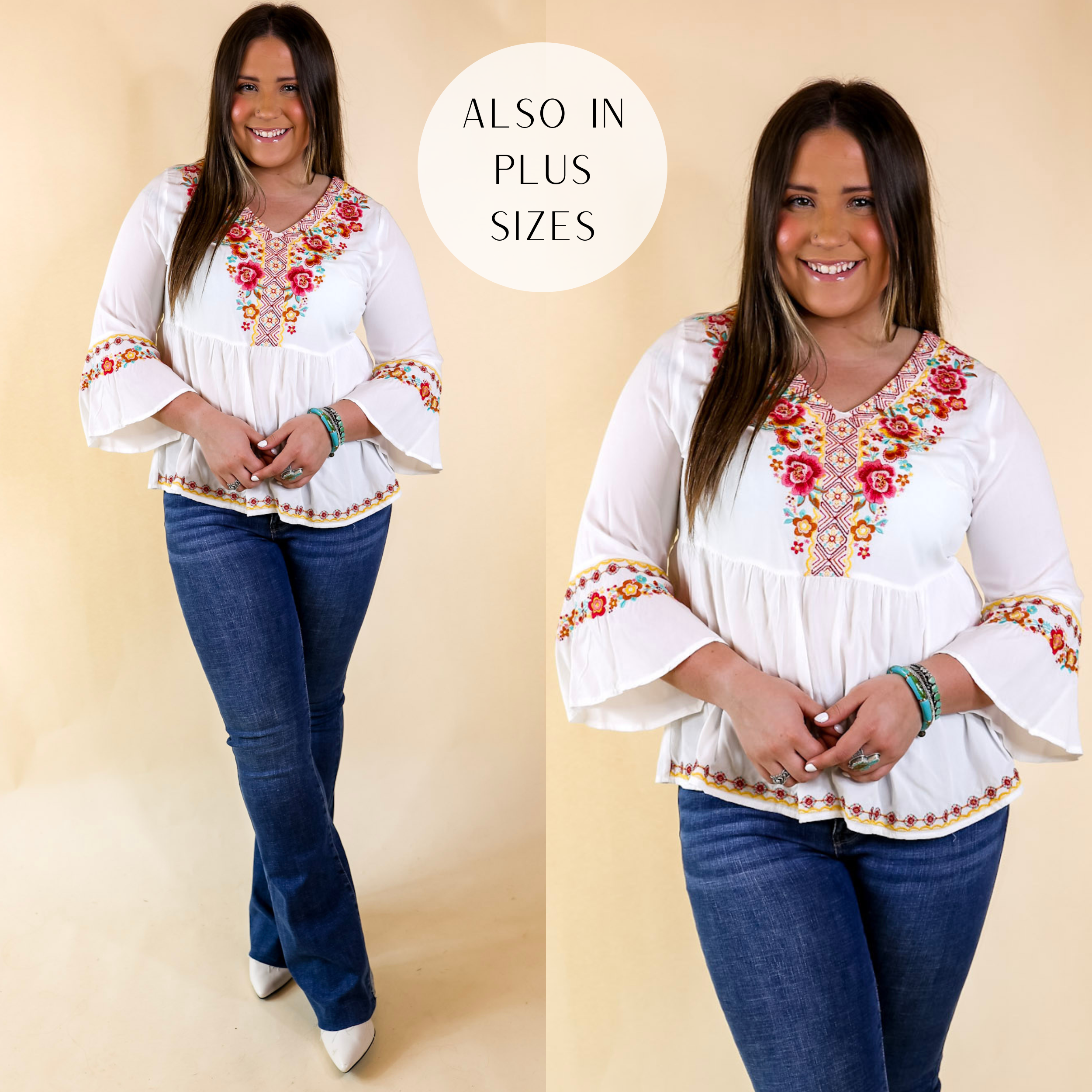 Joyous Moments 3/4 Bell Sleeve Embroidered Babydoll Top in White - Giddy Up Glamour Boutique