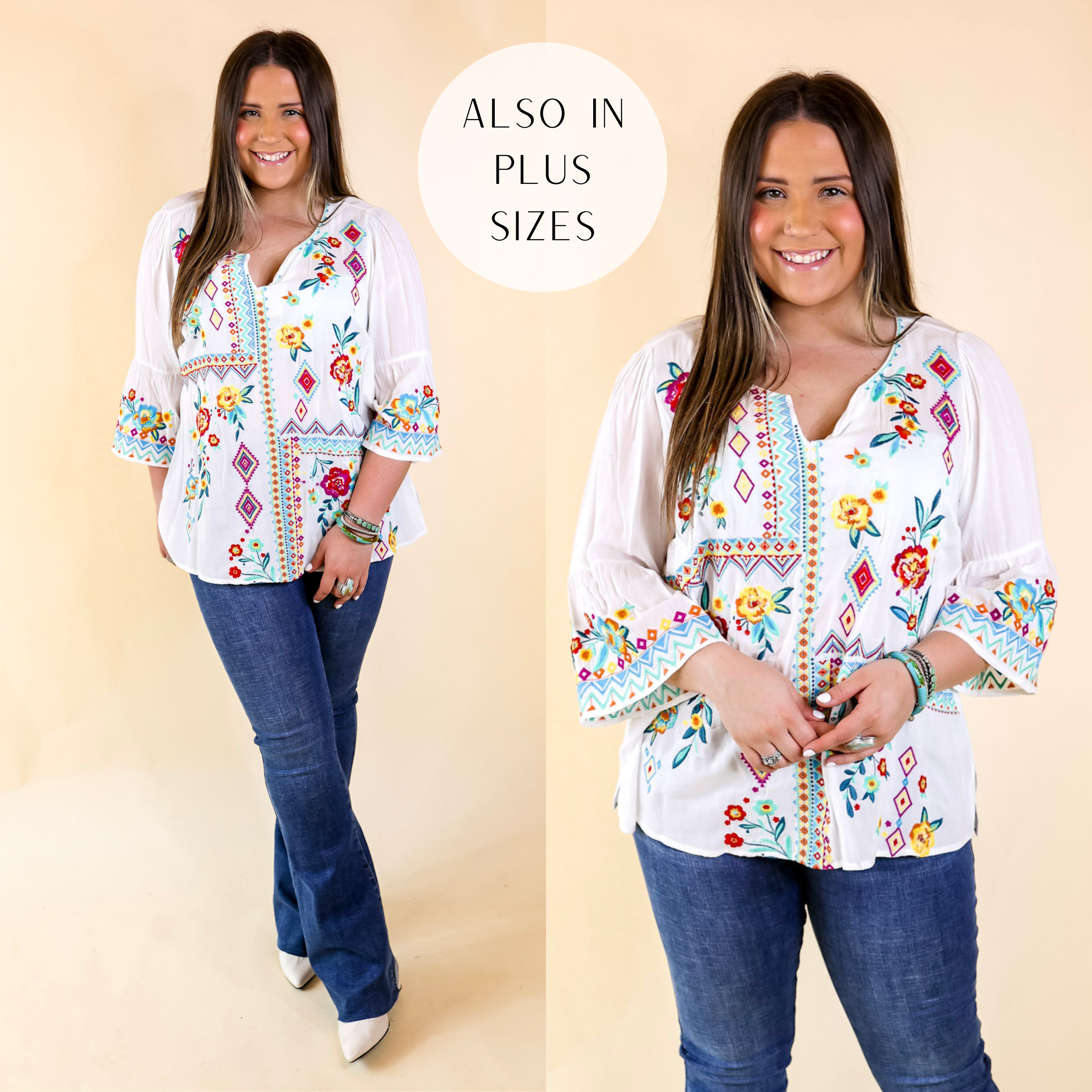Light the Way 3/4 Sleeve Embroidered Top with Notched Neck in White - Giddy Up Glamour Boutique