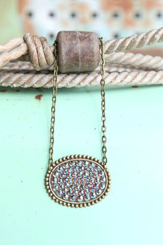 Pink Panache Bronze Oval Necklace with Solid Crystals in Topaz AB - Giddy Up Glamour Boutique