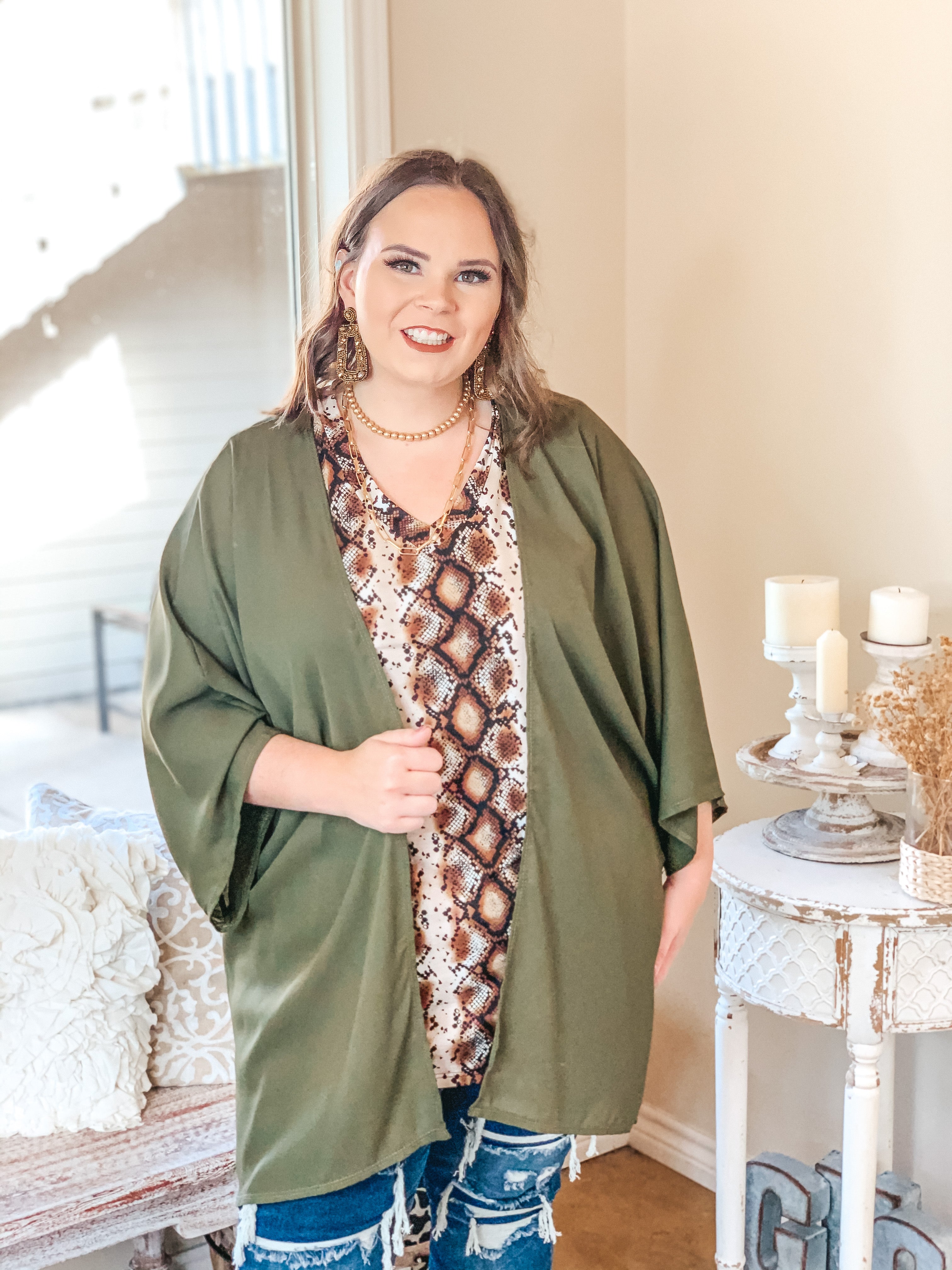 Like a Melody Solid Sheer Kimono in Olive - Giddy Up Glamour Boutique