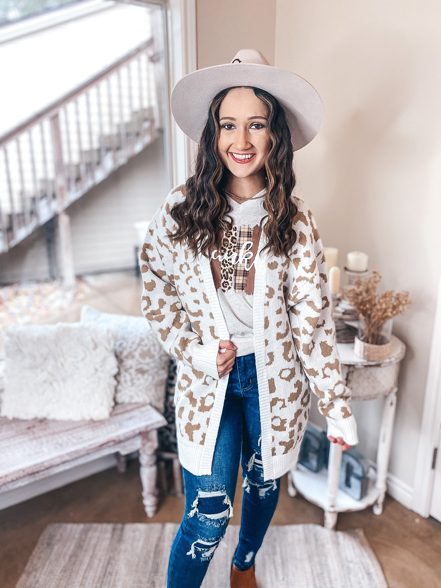 Missing You Taupe Leopard Long Sleeve Open Front Cardigan in Ivory - Giddy Up Glamour Boutique