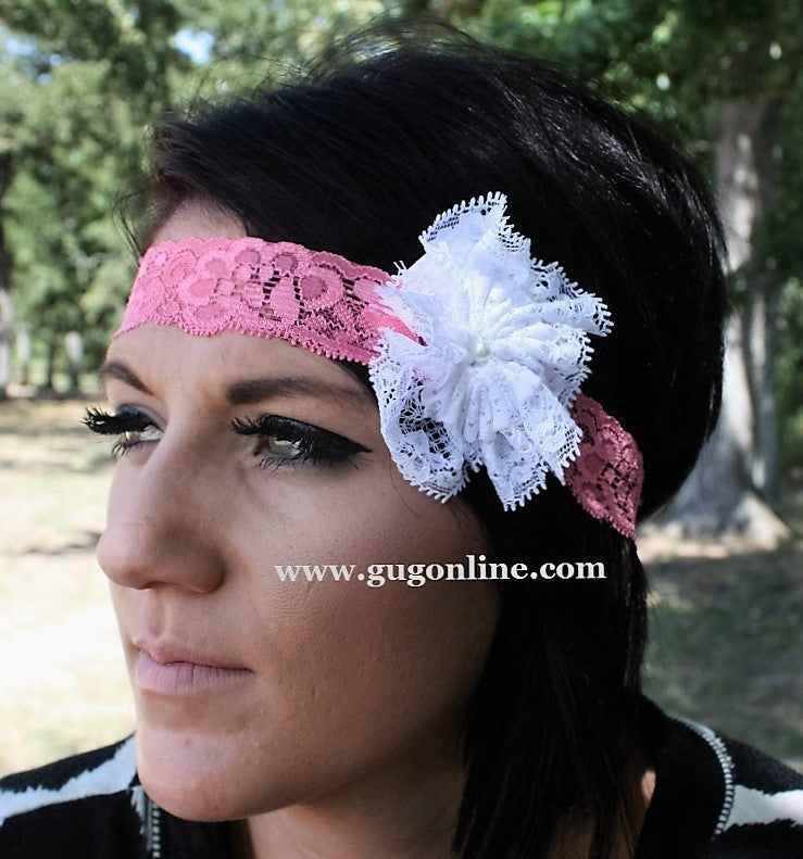 Pink Lace Headband with White Lace Flower - Giddy Up Glamour Boutique