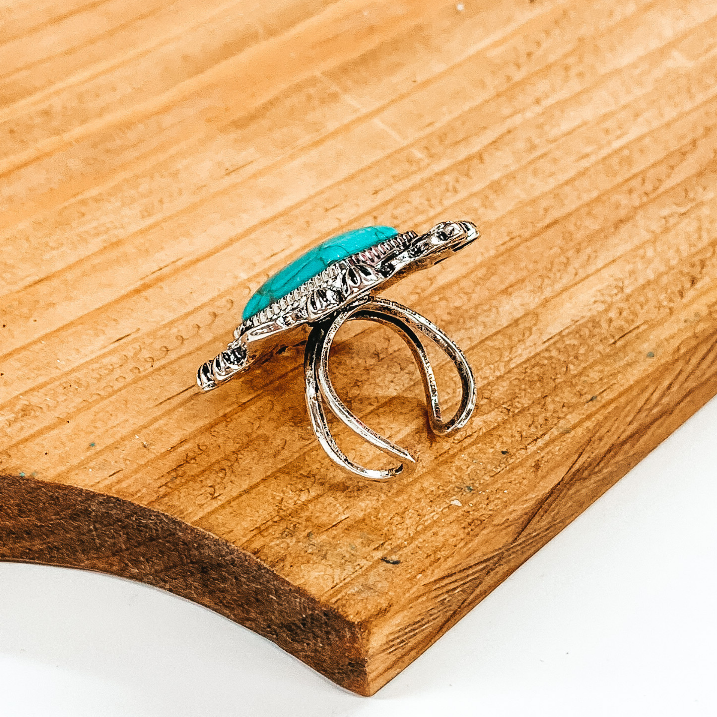 Western Square Stone Silver Tone Cuff Ring in Turquoise - Giddy Up Glamour Boutique