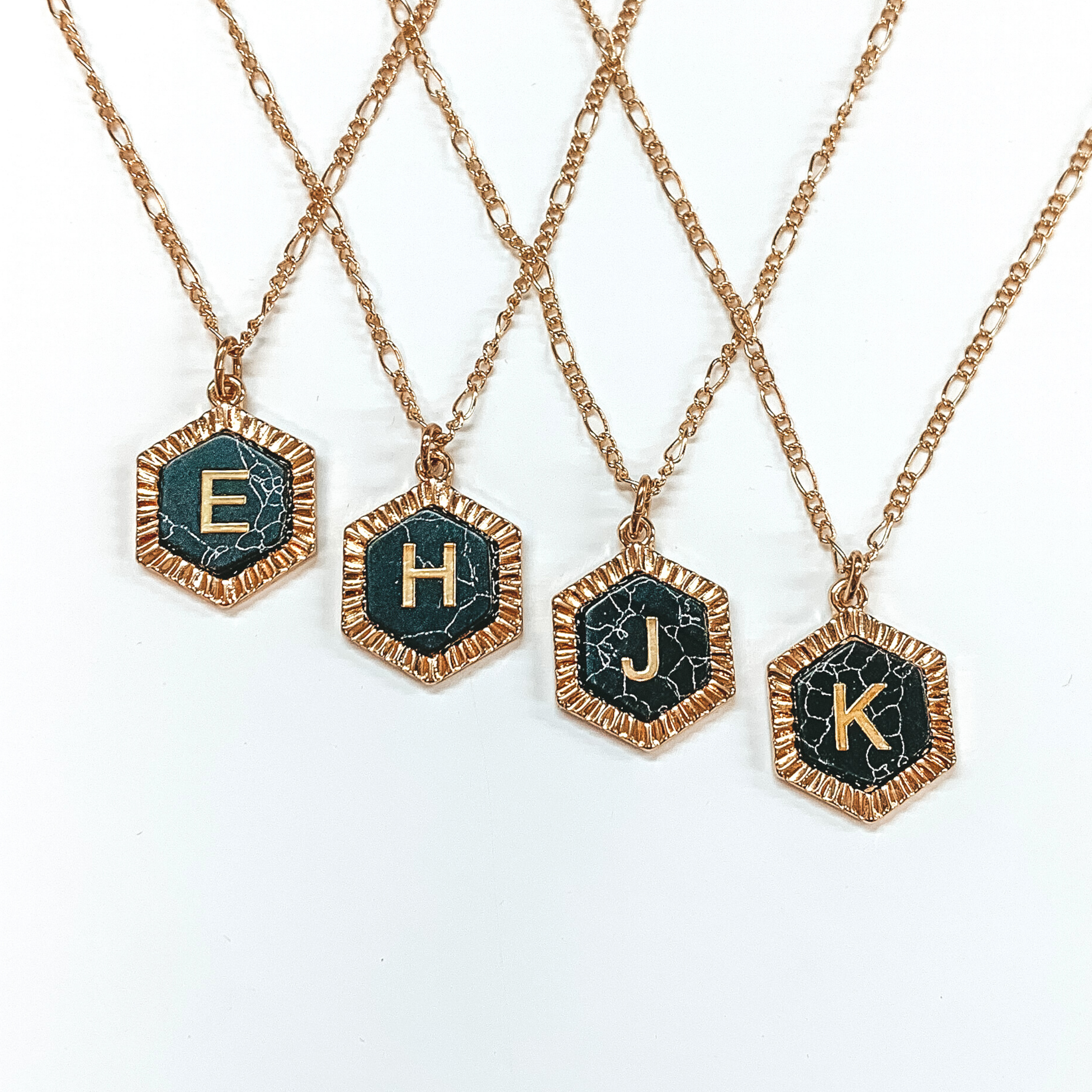 Gold Figaro Chain Necklace with Hexagon Initial Pendant in Black - Giddy Up Glamour Boutique