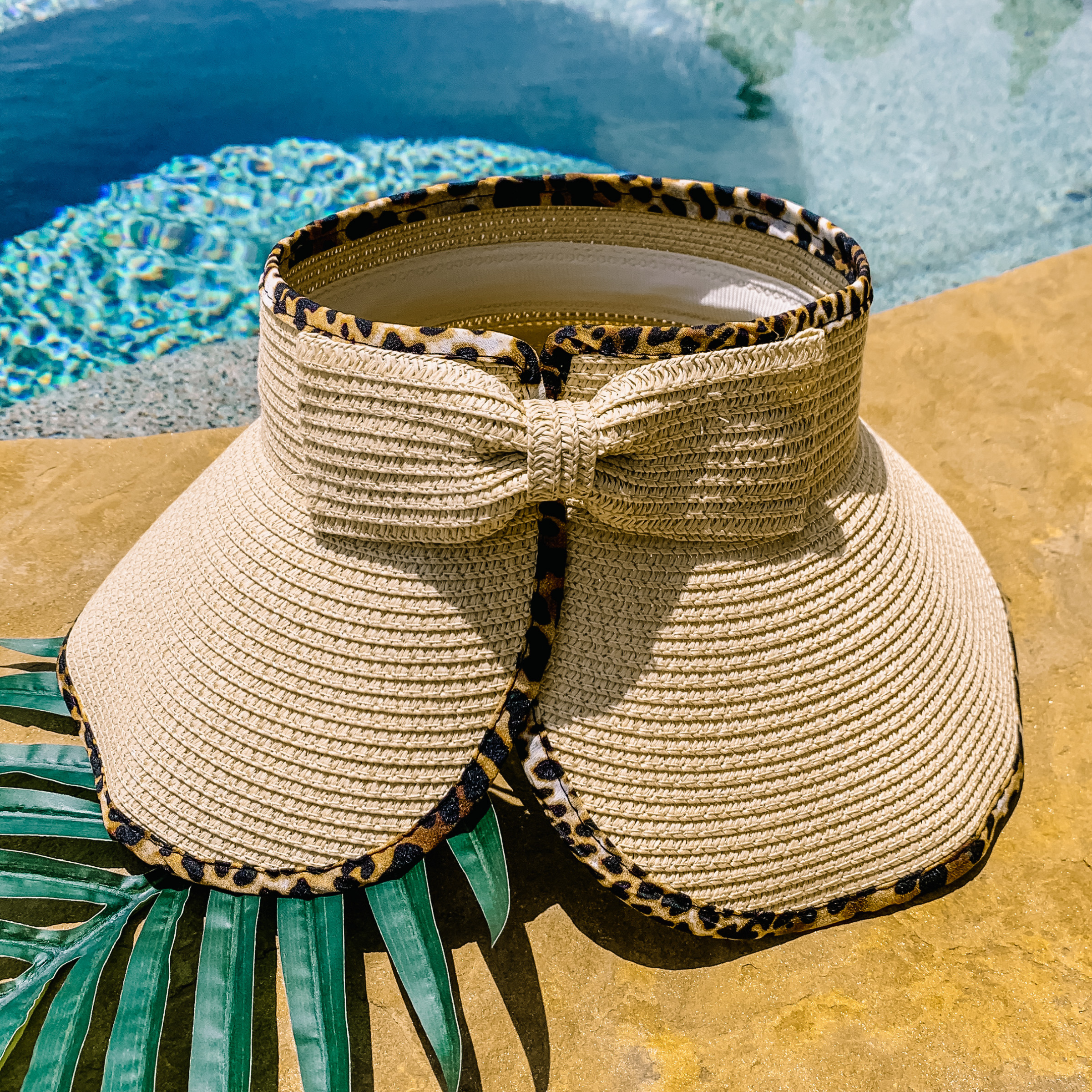Poolside Chic Velcro Sun Visor in Natural with Leopard Print Trim - Giddy Up Glamour Boutique