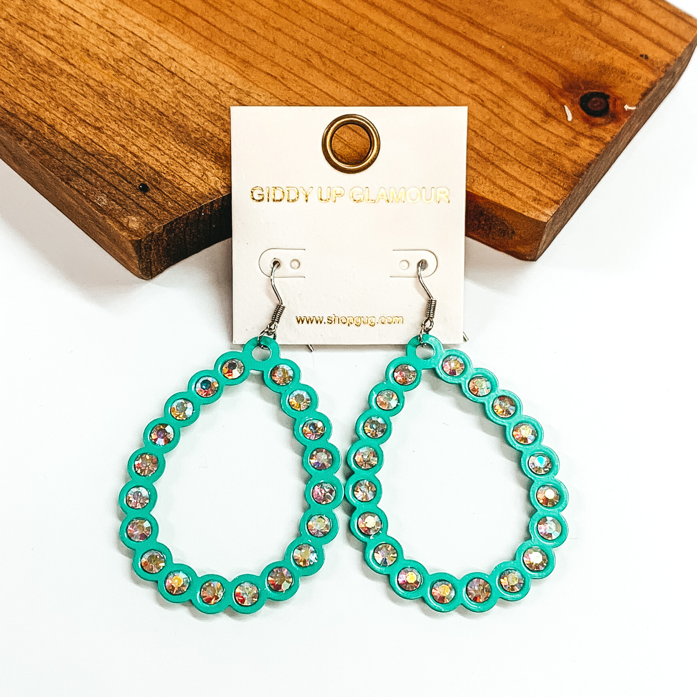 AB Crystal Teardrop Outline Earrings in Turquoise - Giddy Up Glamour Boutique