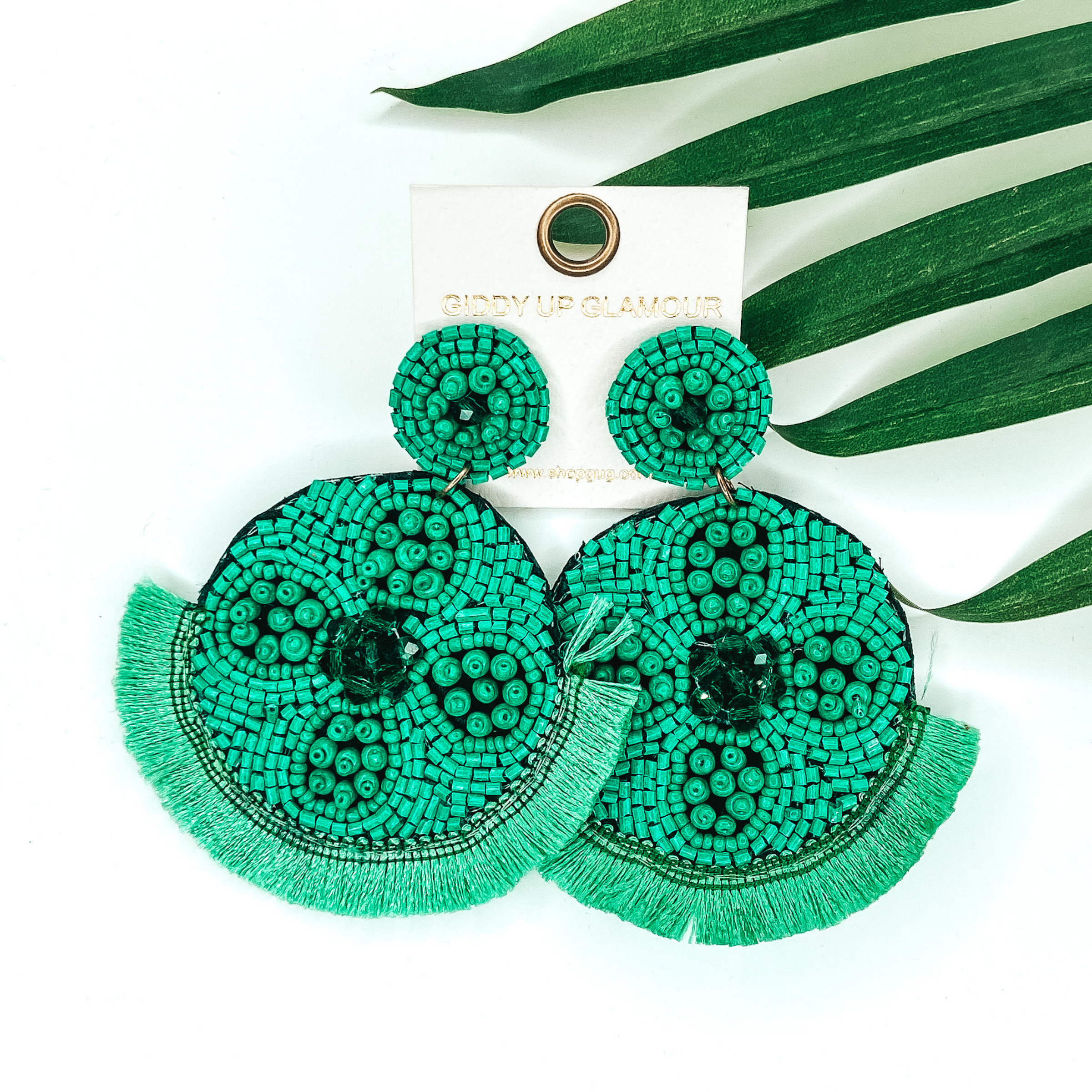 Turquoise beaded circle post back earrings. Hanging from the earrings are black beaded circle pendant with black fringe. These earrings are pictured on a white background with green leaves behind them.