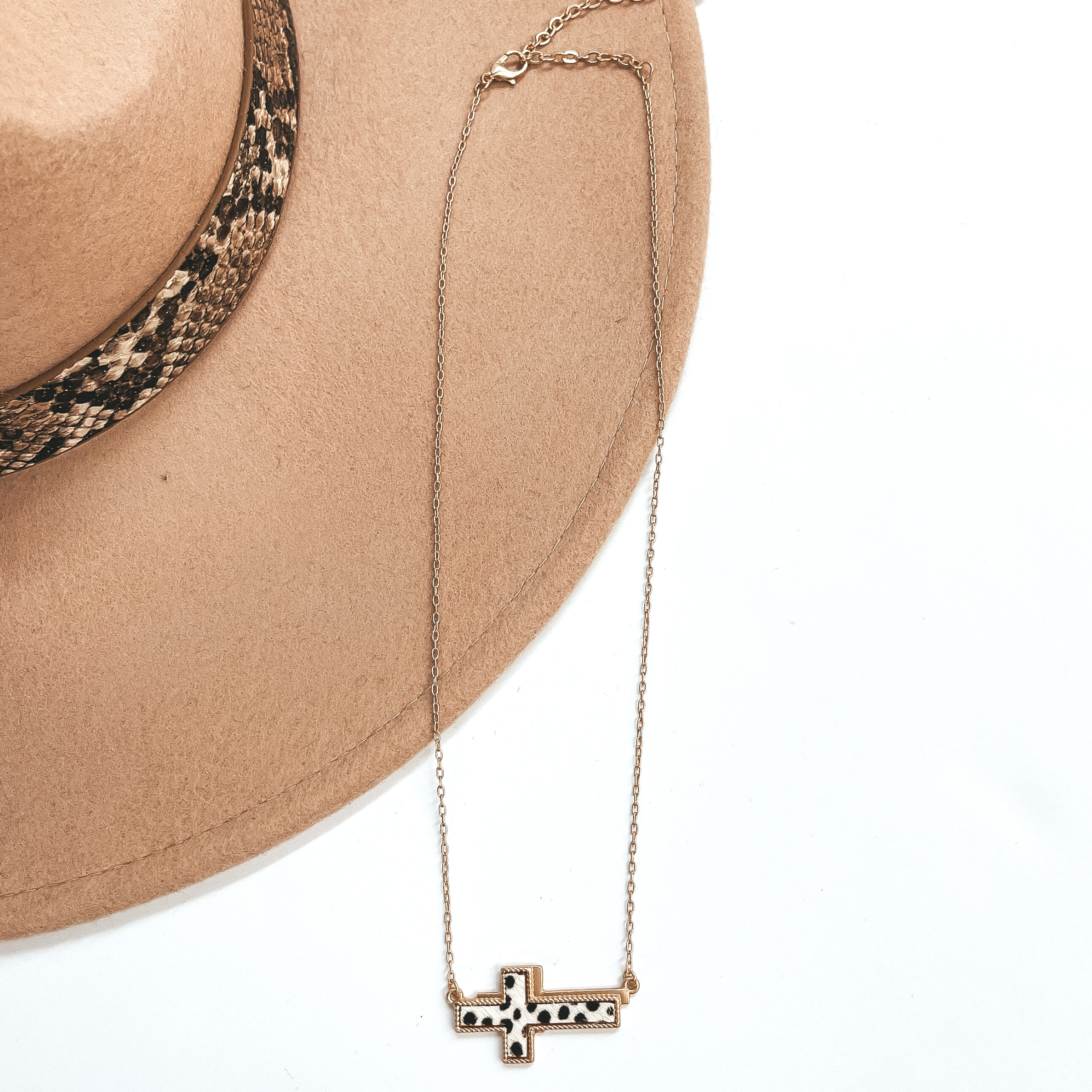 Lovely Dream Gold Cross Pendant Necklace with Faux Hide Inlay in Dotted Print - Giddy Up Glamour Boutique