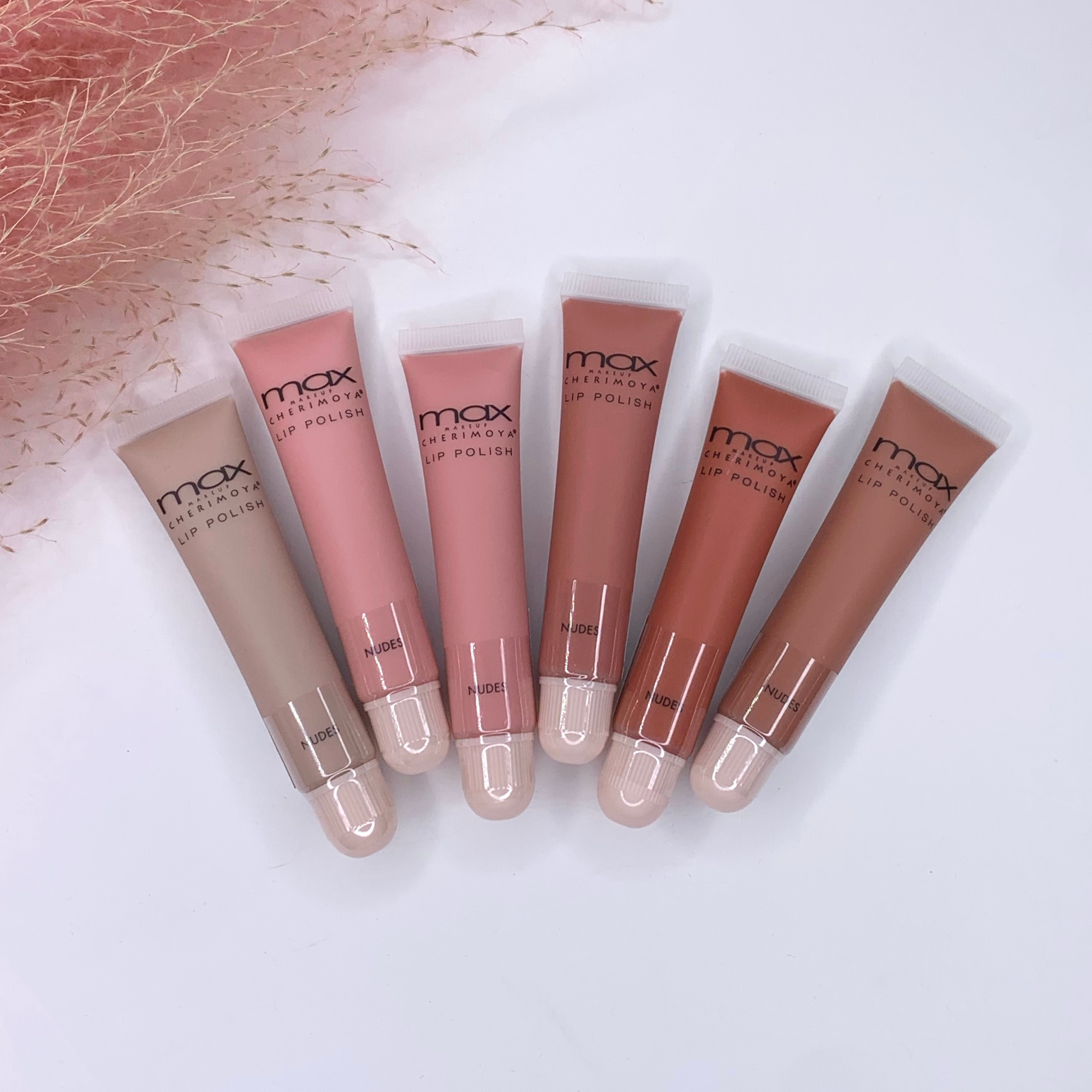 Pictured on a white background ther are six different shades of pink and nude lip glosses lined up with pink pompus in the top left corner.