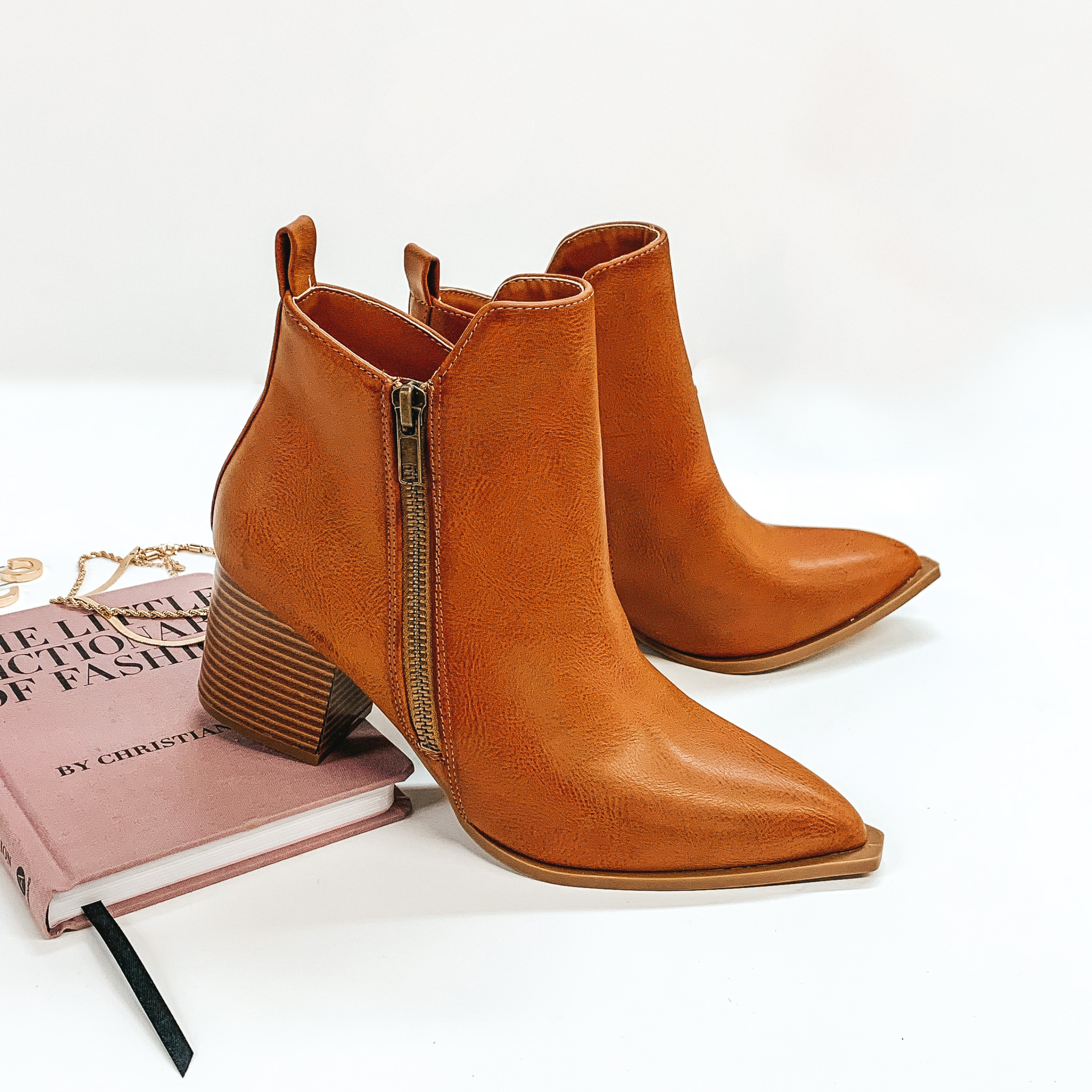 Latte Pick Me Up Heeled Booties with Pointed Toe and Side Zipper in Cognac - Giddy Up Glamour Boutique