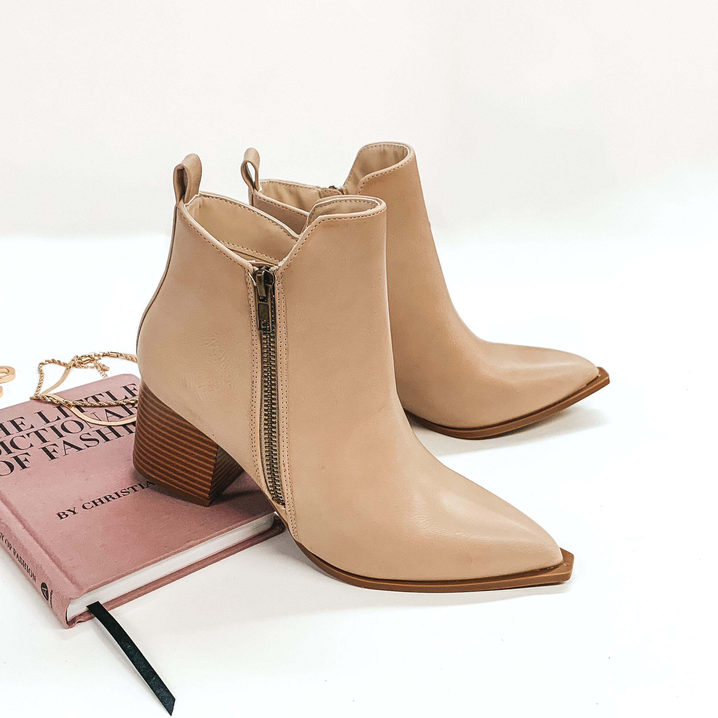 Latte Pick Me Up Heeled Booties with Pointed Toe and Side Zipper in Beige - Giddy Up Glamour Boutique