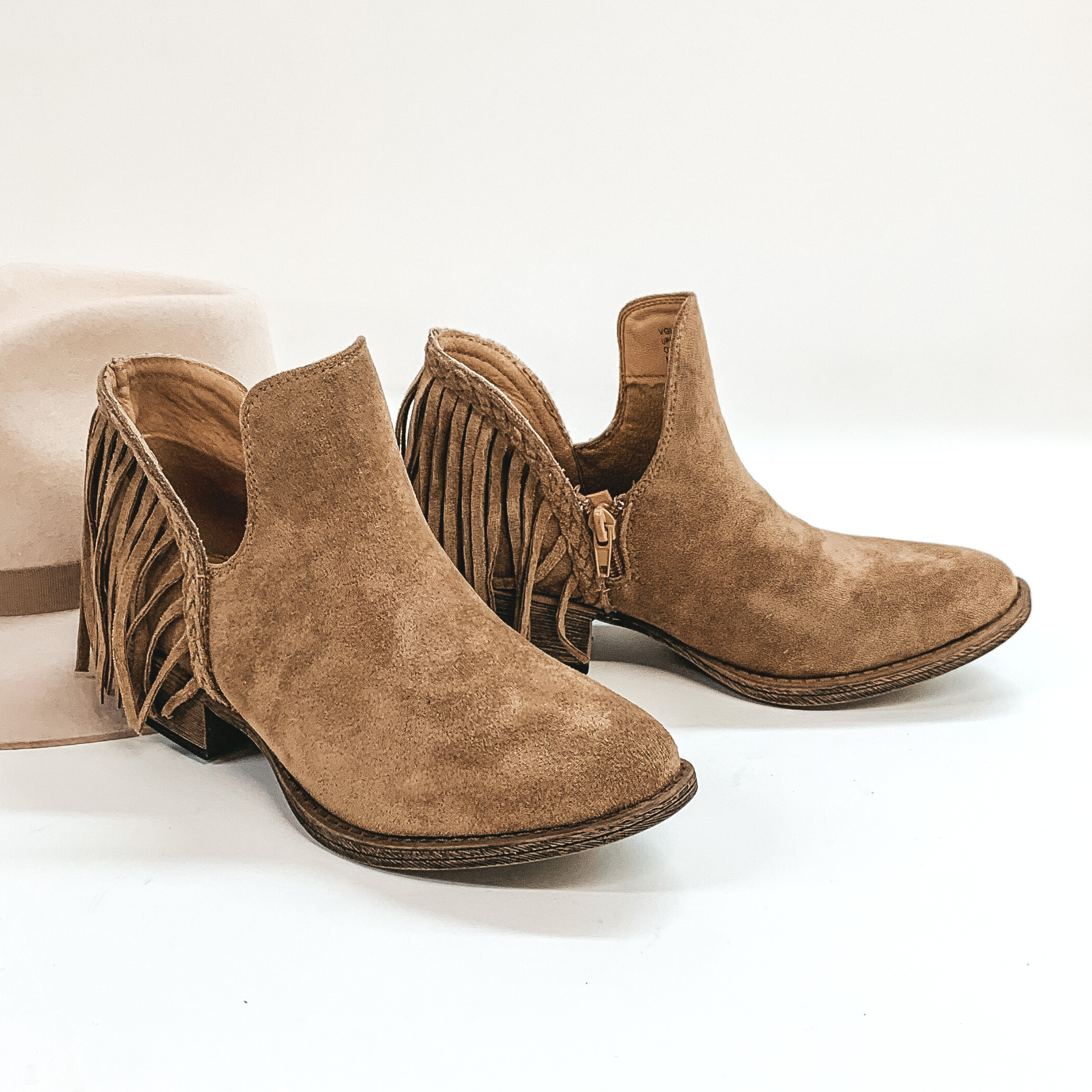 Very G | Be Yourself Heeled Fringe Booties with Cutouts in Taupe - Giddy Up Glamour Boutique