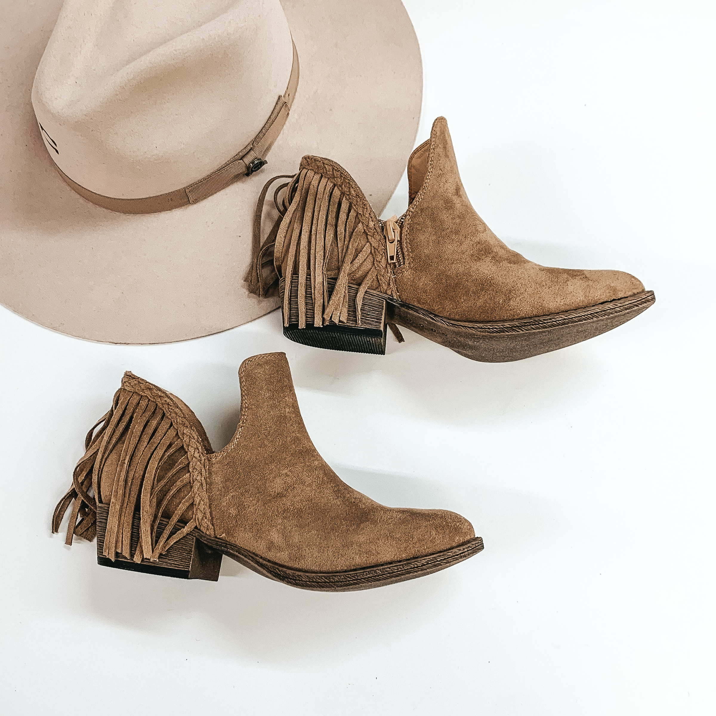 Very G | Be Yourself Heeled Fringe Booties with Cutouts in Taupe - Giddy Up Glamour Boutique