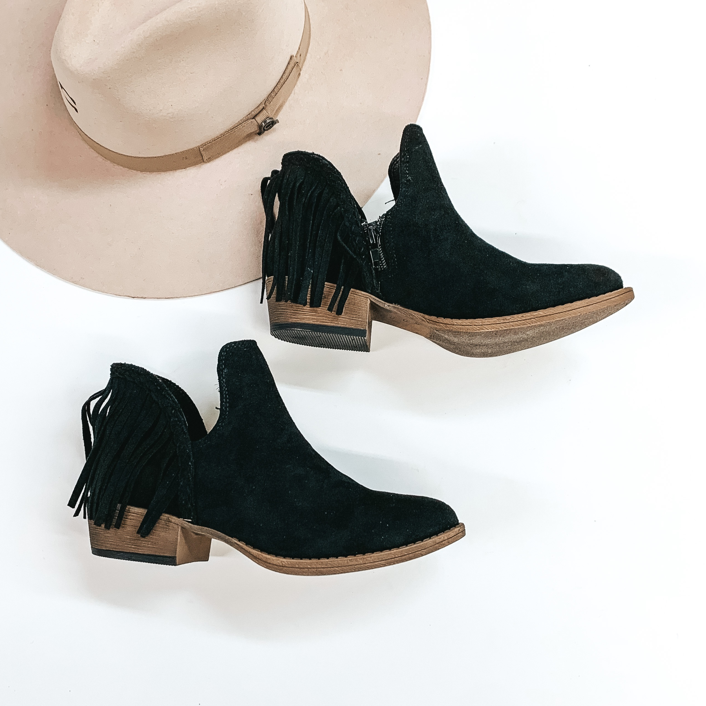 Very G | Be Yourself Heeled Fringe Booties with Cutouts in Black - Giddy Up Glamour Boutique