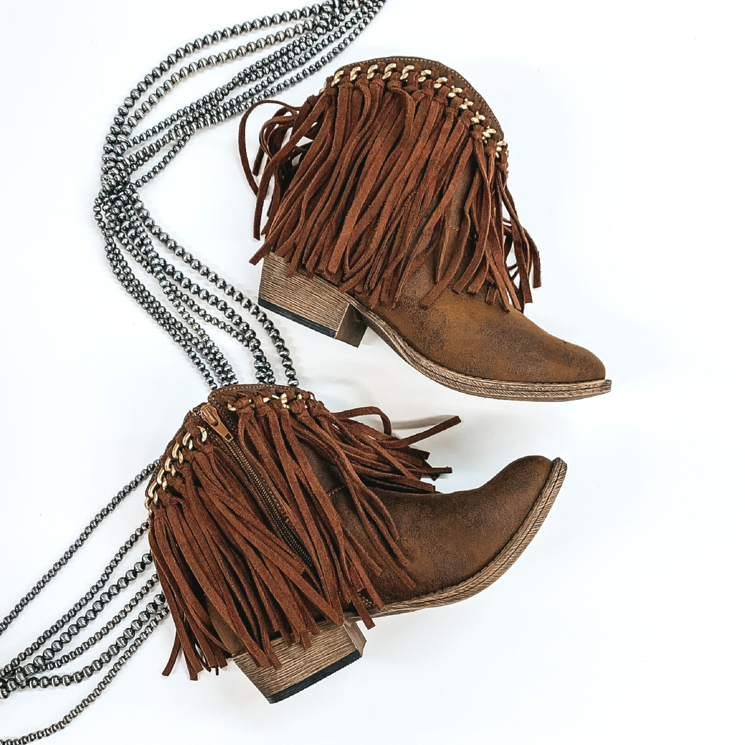 Very G | Rebel Girl Heeled Ankle Booties with Fringe in Brown - Giddy Up Glamour Boutique