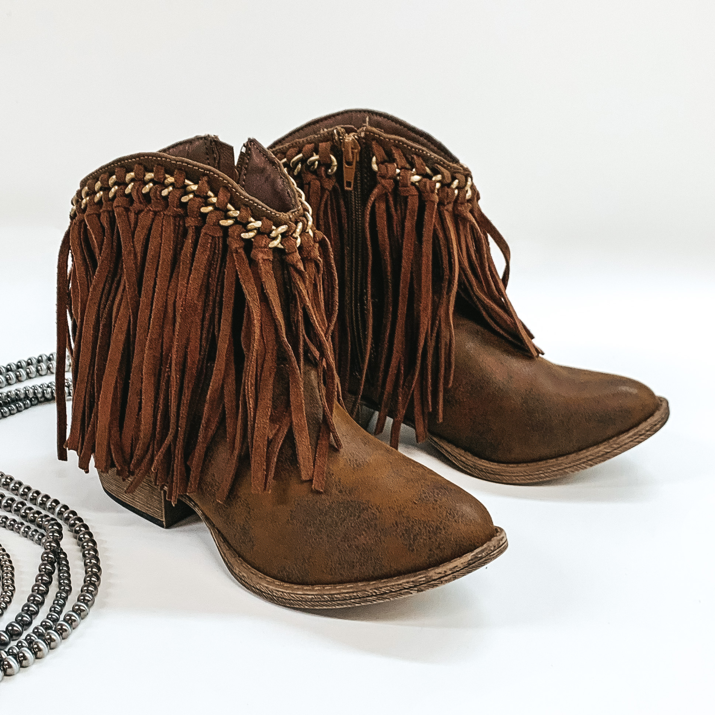 Very G | Rebel Girl Heeled Ankle Booties with Fringe in Brown - Giddy Up Glamour Boutique