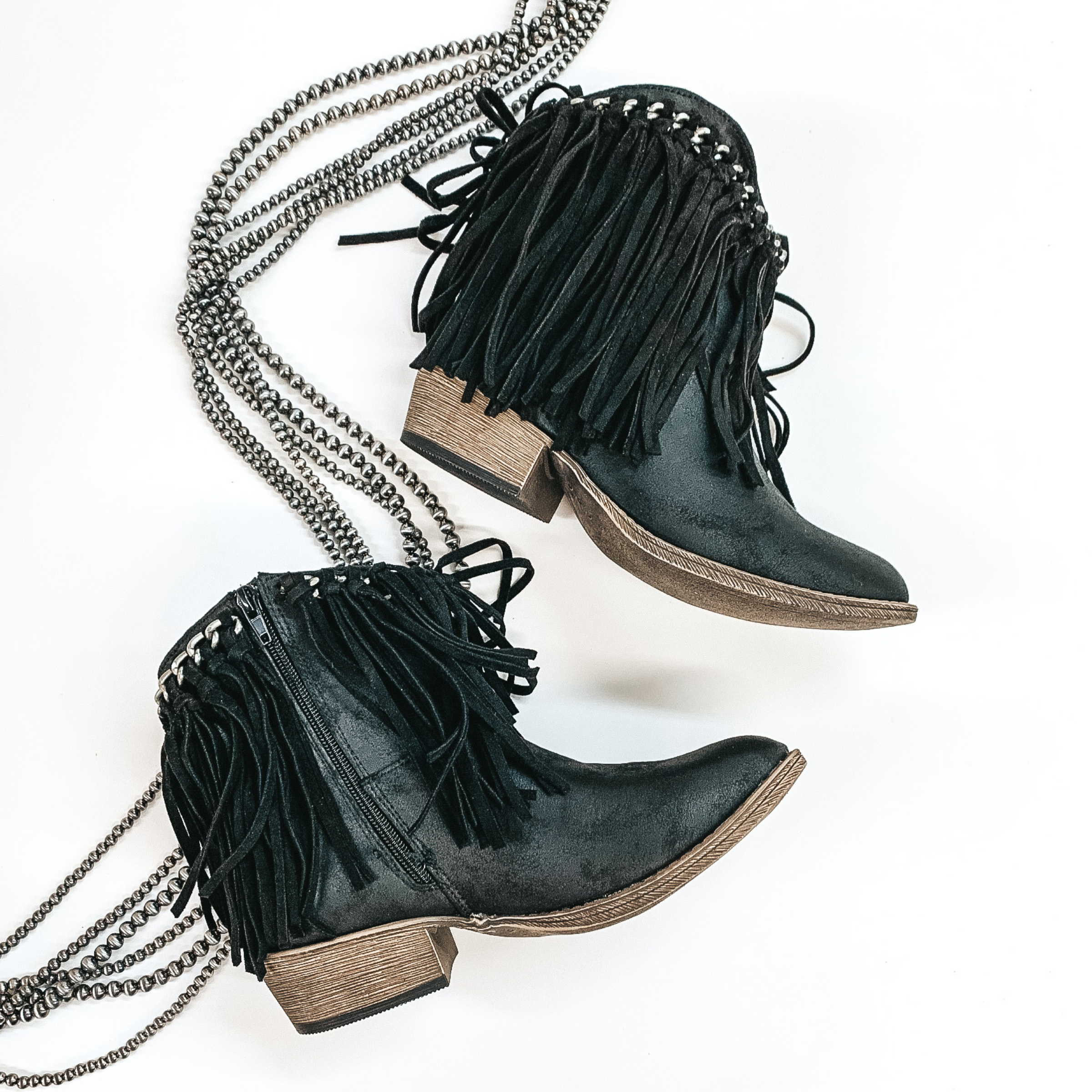 Very G | Rebel Girl Heeled Ankle Booties with Fringe in Black - Giddy Up Glamour Boutique