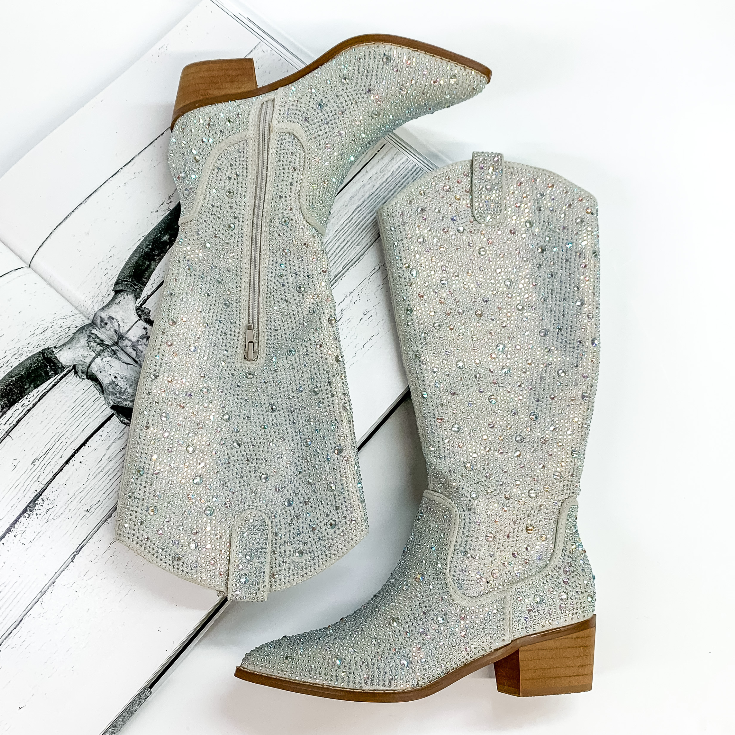 Very G | Kady High Rhinestone Cowboy Boots in Silver - Giddy Up Glamour Boutique