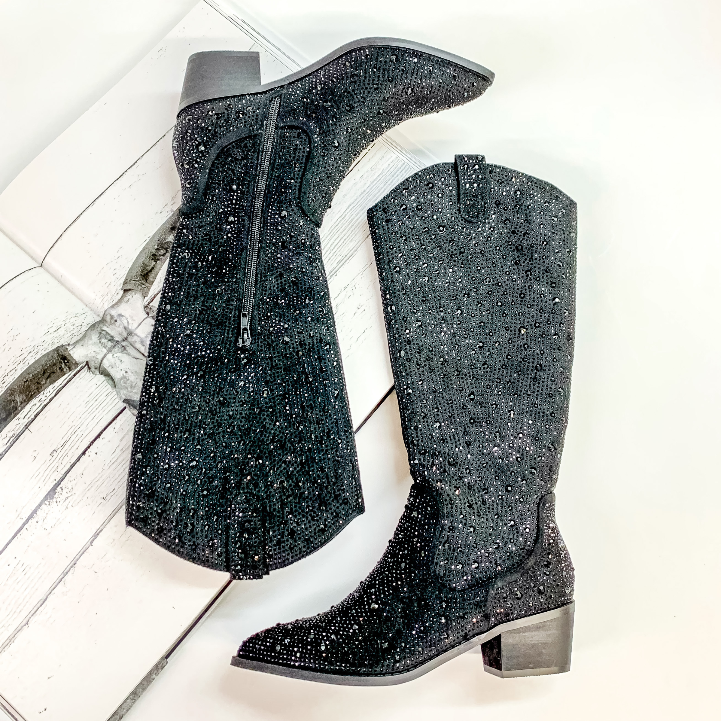 Very G | Kady High Rhinestone Cowboy Boots in Black - Giddy Up Glamour Boutique