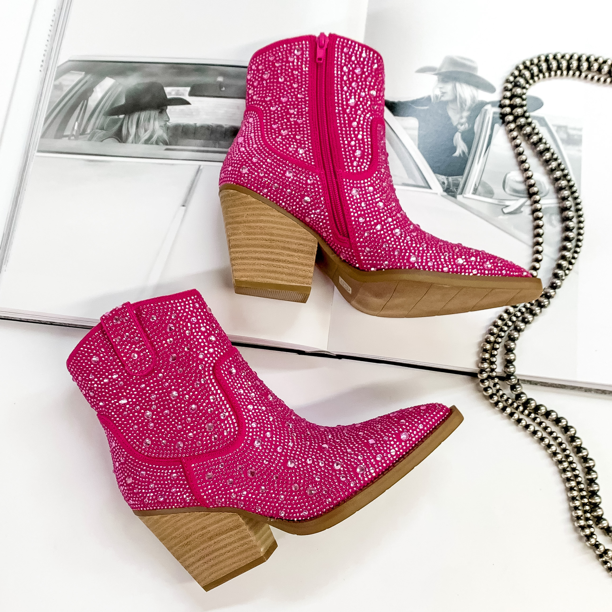 Very G | Kady Rhinestone Cowboy Booties in Pink - Giddy Up Glamour Boutique