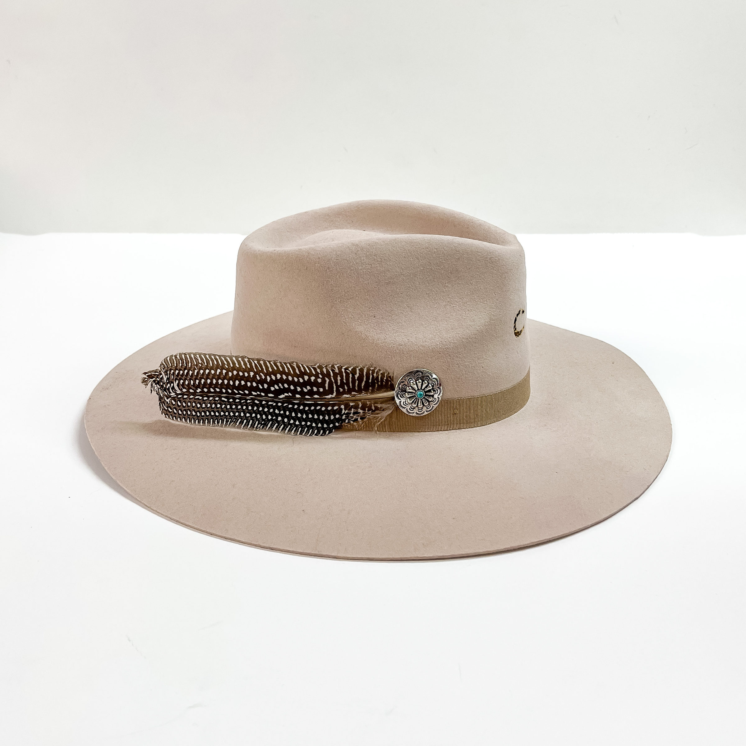 Circle Concho and White Dotted Feather Hat Pin in Silver Tone - Giddy Up Glamour Boutique