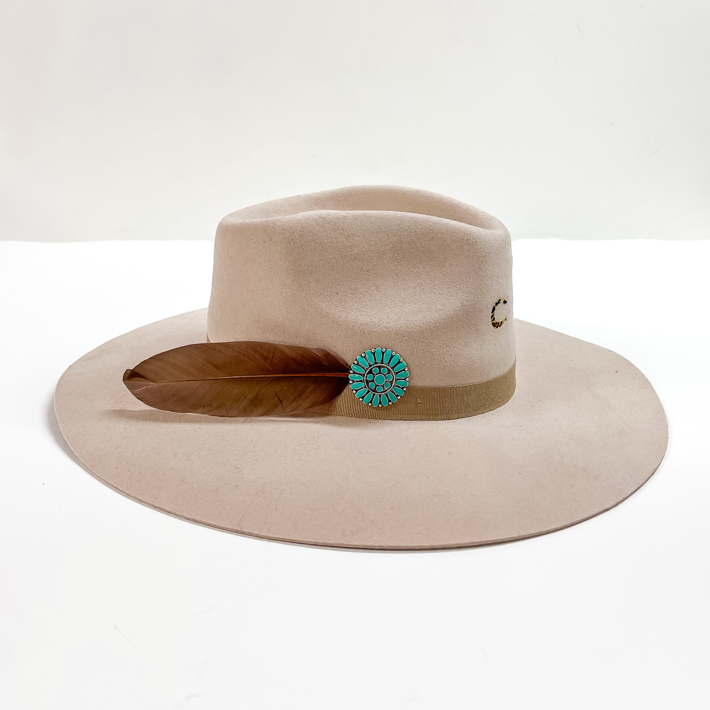 Turquoise Concho and Brown Feather Hat Pin - Giddy Up Glamour Boutique