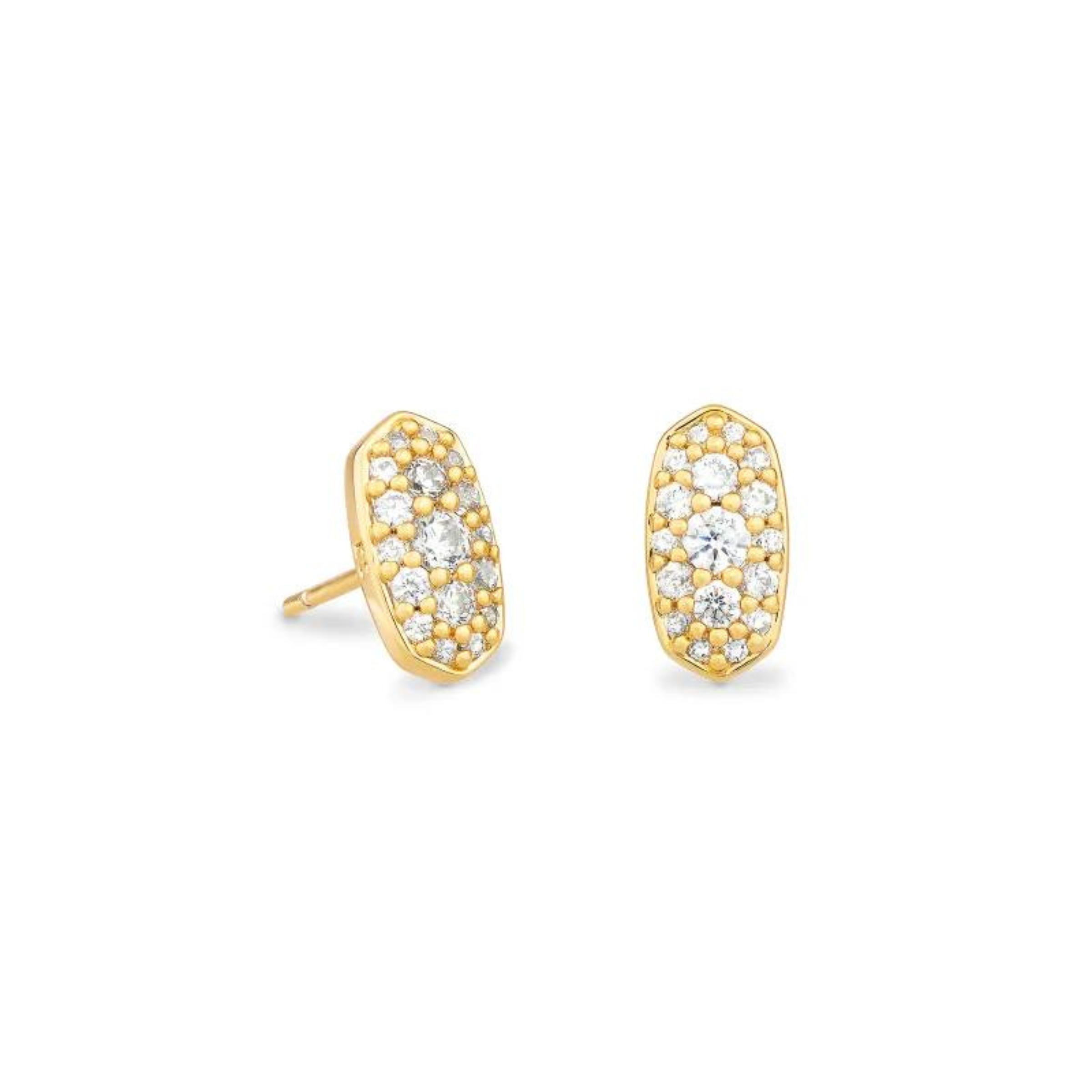 Gold, oval stud earrings with white crystals. These earrings are pictured on a white background. 
