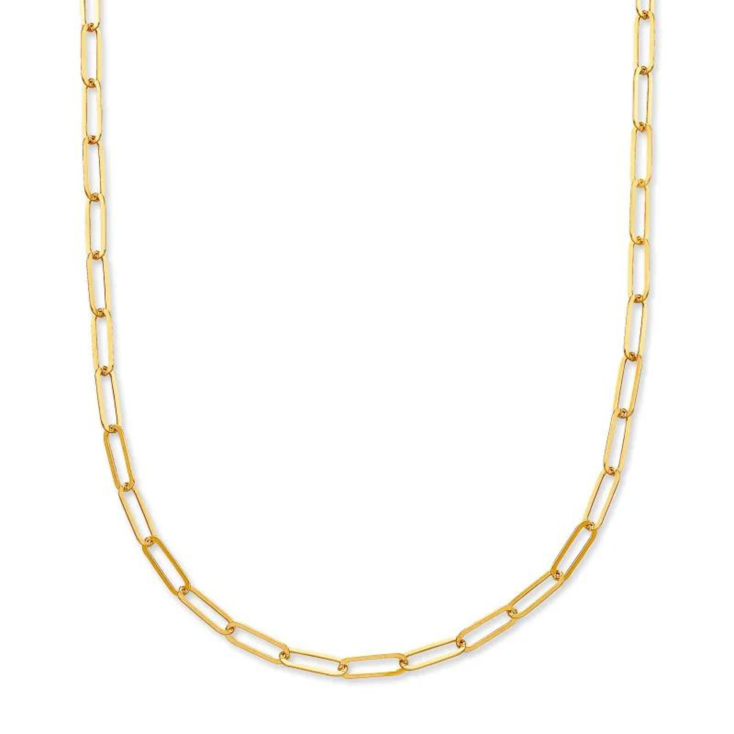 Gold, paperclip chain necklace pictured on a white background.
