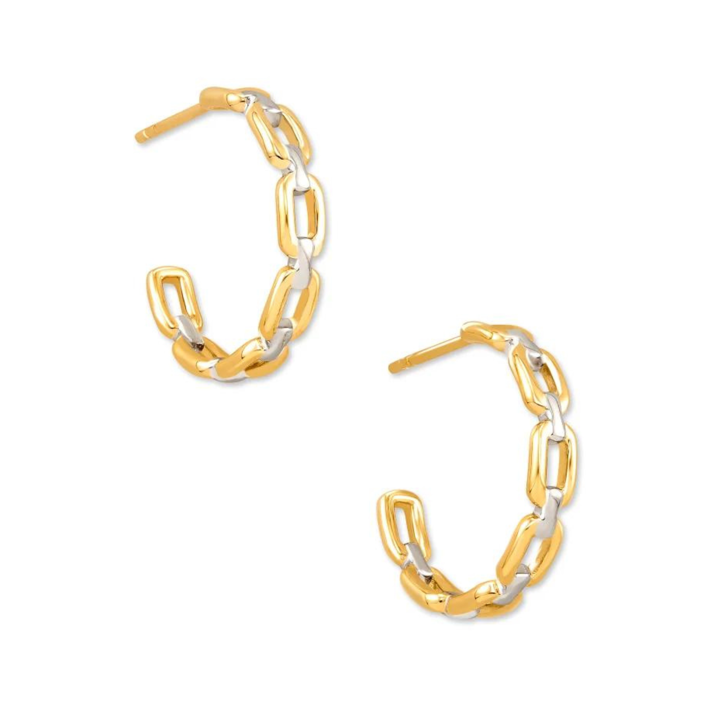 Gold chain hoop earrings with silver chain links. These earrings are pictured on a white background. 