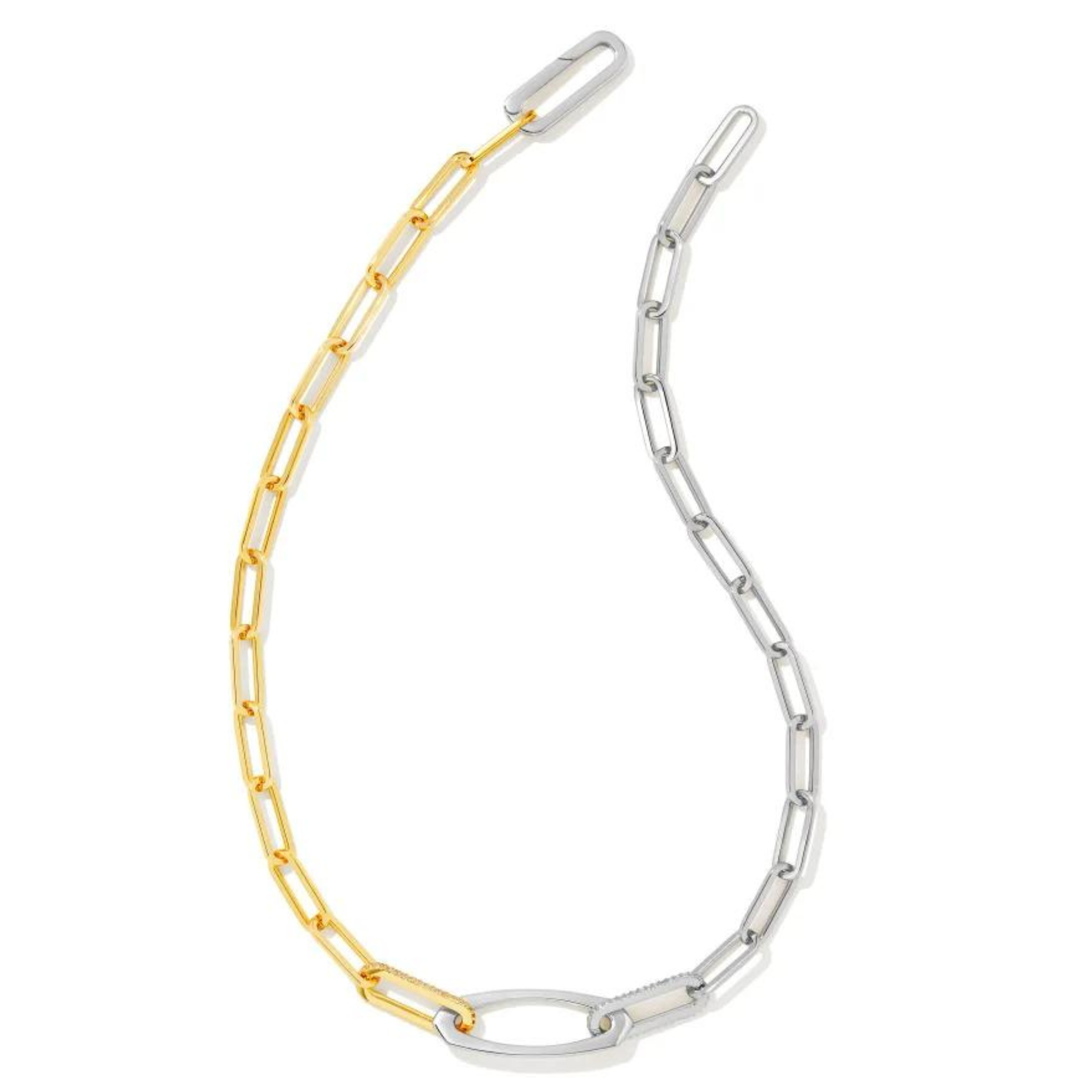 Half silver and half gold paperclip chain necklace pictured on a white background. 