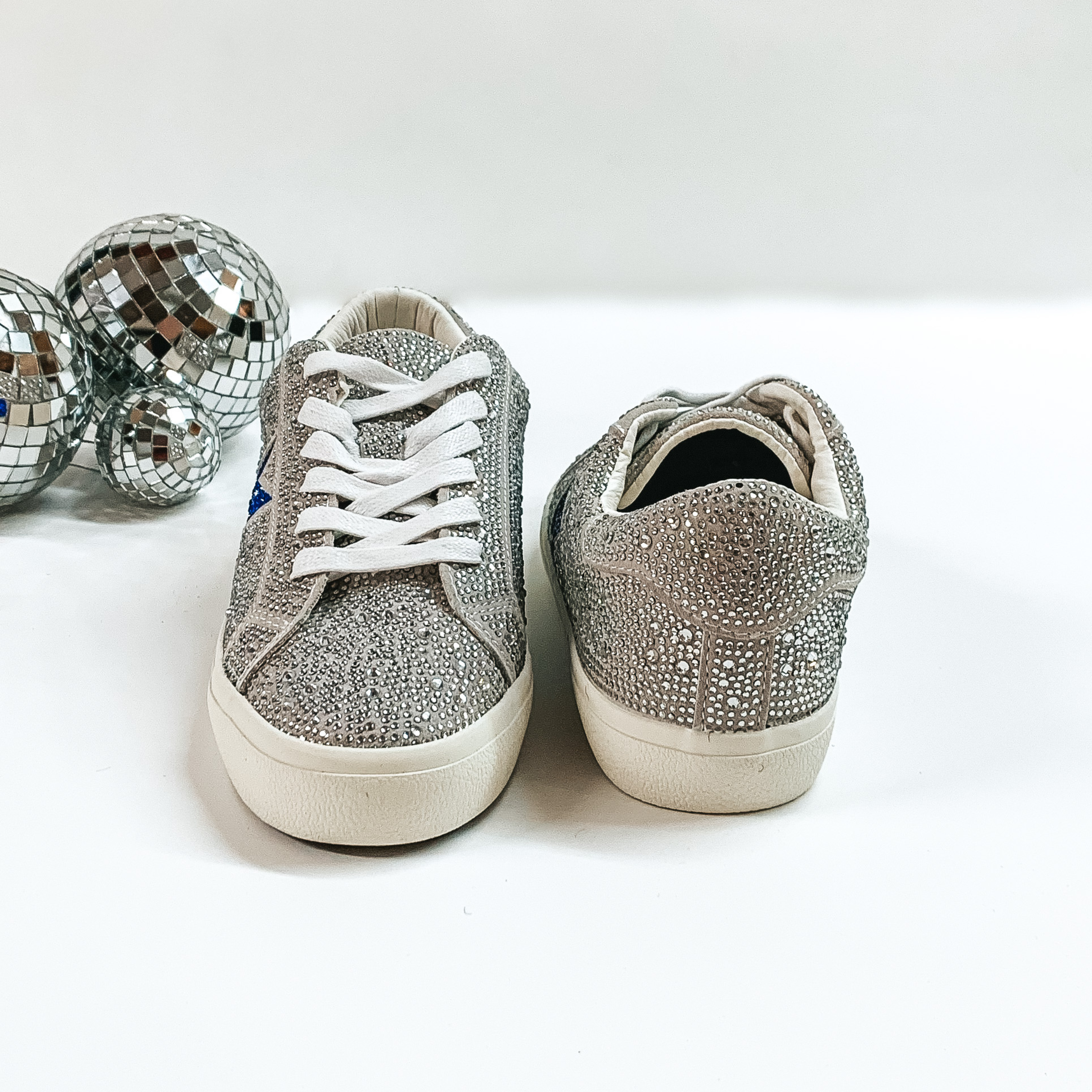 Last Chance Size 6, 8 & 9 | Vintage Havana | Splash Rhinestone Sneakers with Blue Star in Silver - Giddy Up Glamour Boutique
