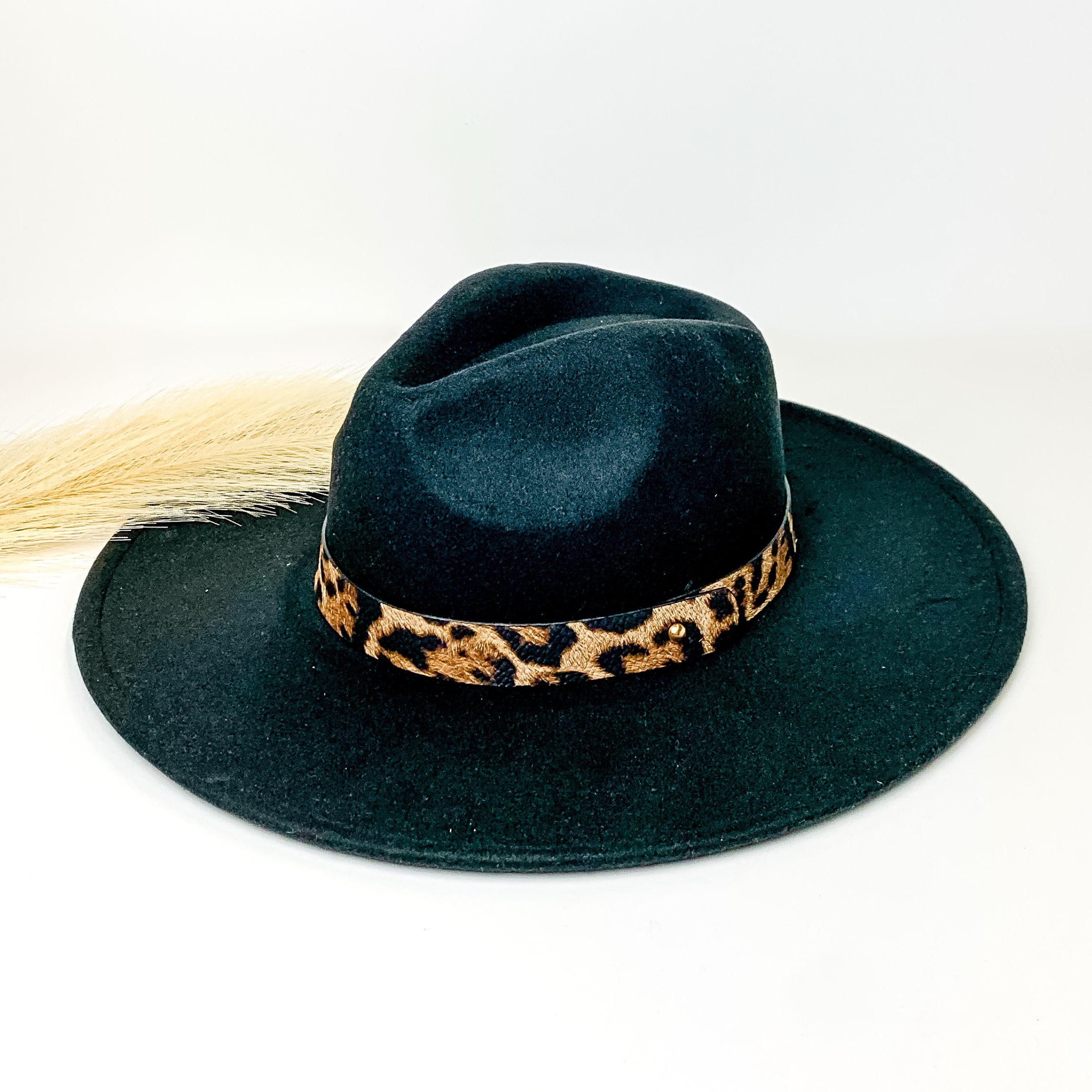 Black flat brim hat with a leopard print hat bad around the crown. This hat is pictured on a white background with ivory pompous grass laying partially on the brim.